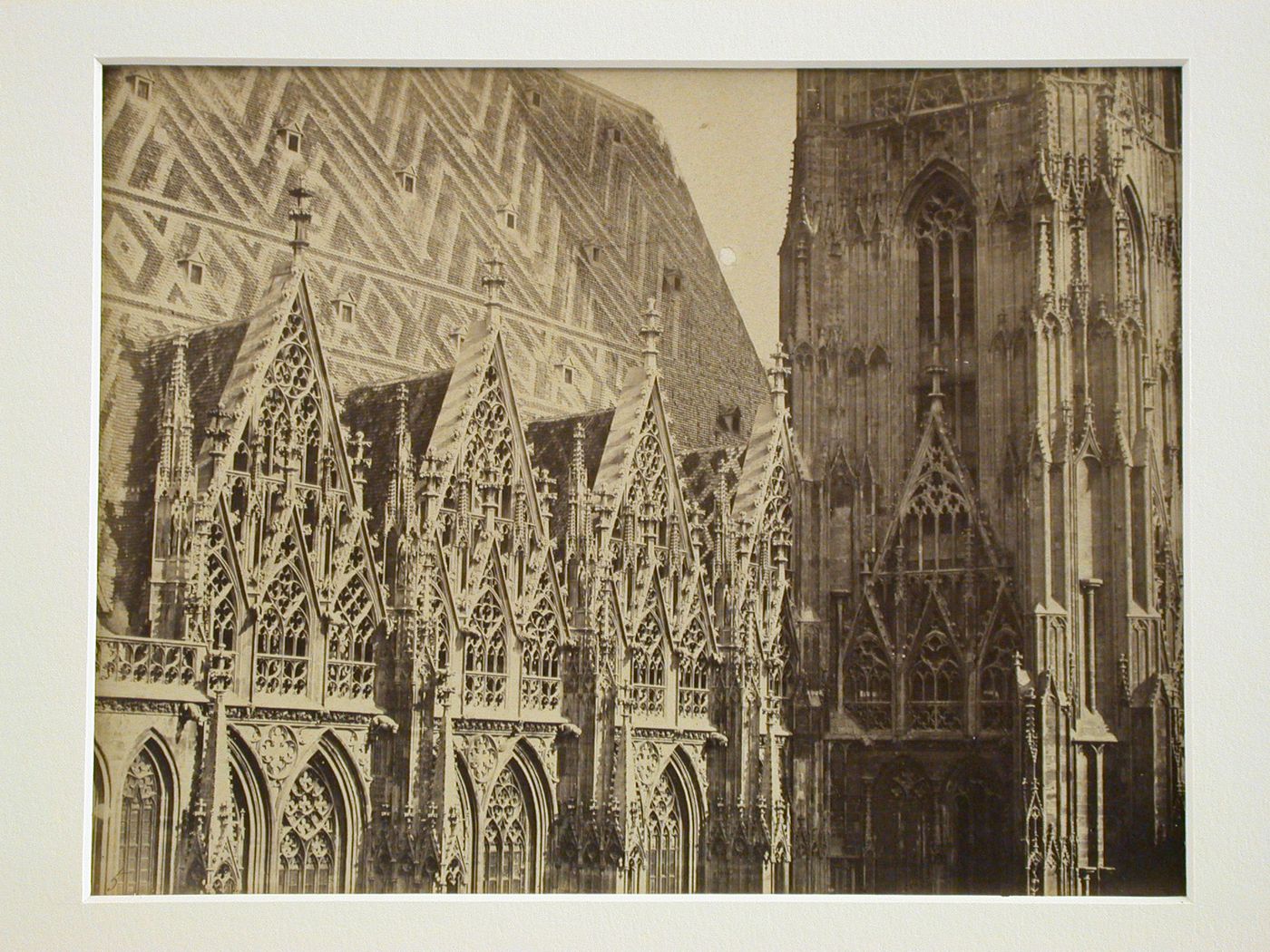 Exterior, partial view of three bays of nave, and the tower, Vienna, Austria