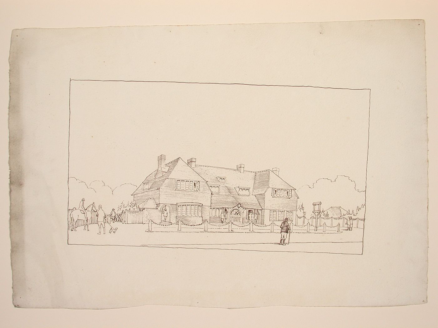 Perspectival view showing a large building set in the countryside, possibly a clubhouse