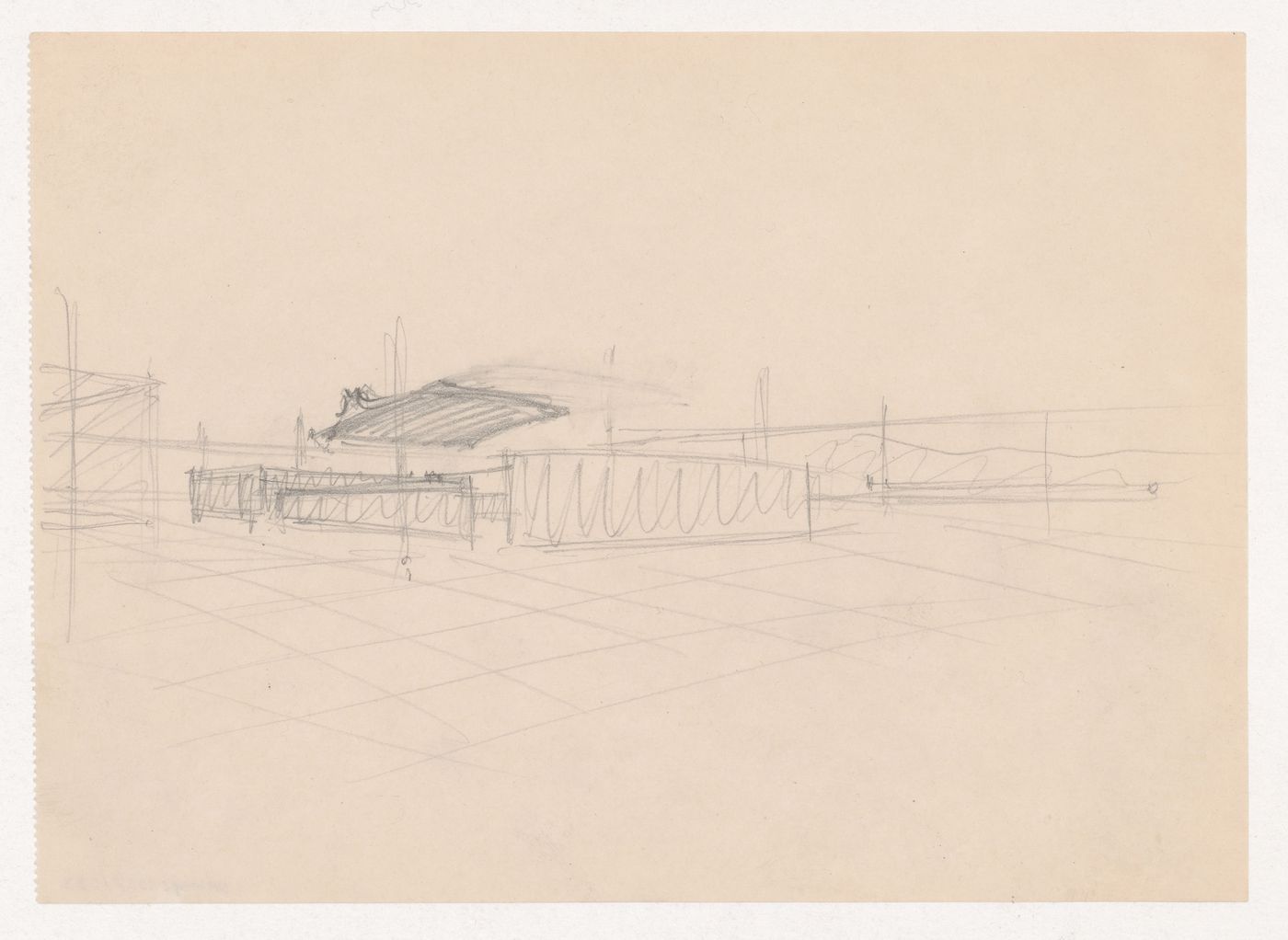 Interior perspective sketch for Museum for a Small City showing the auditorium with suspended ceiling