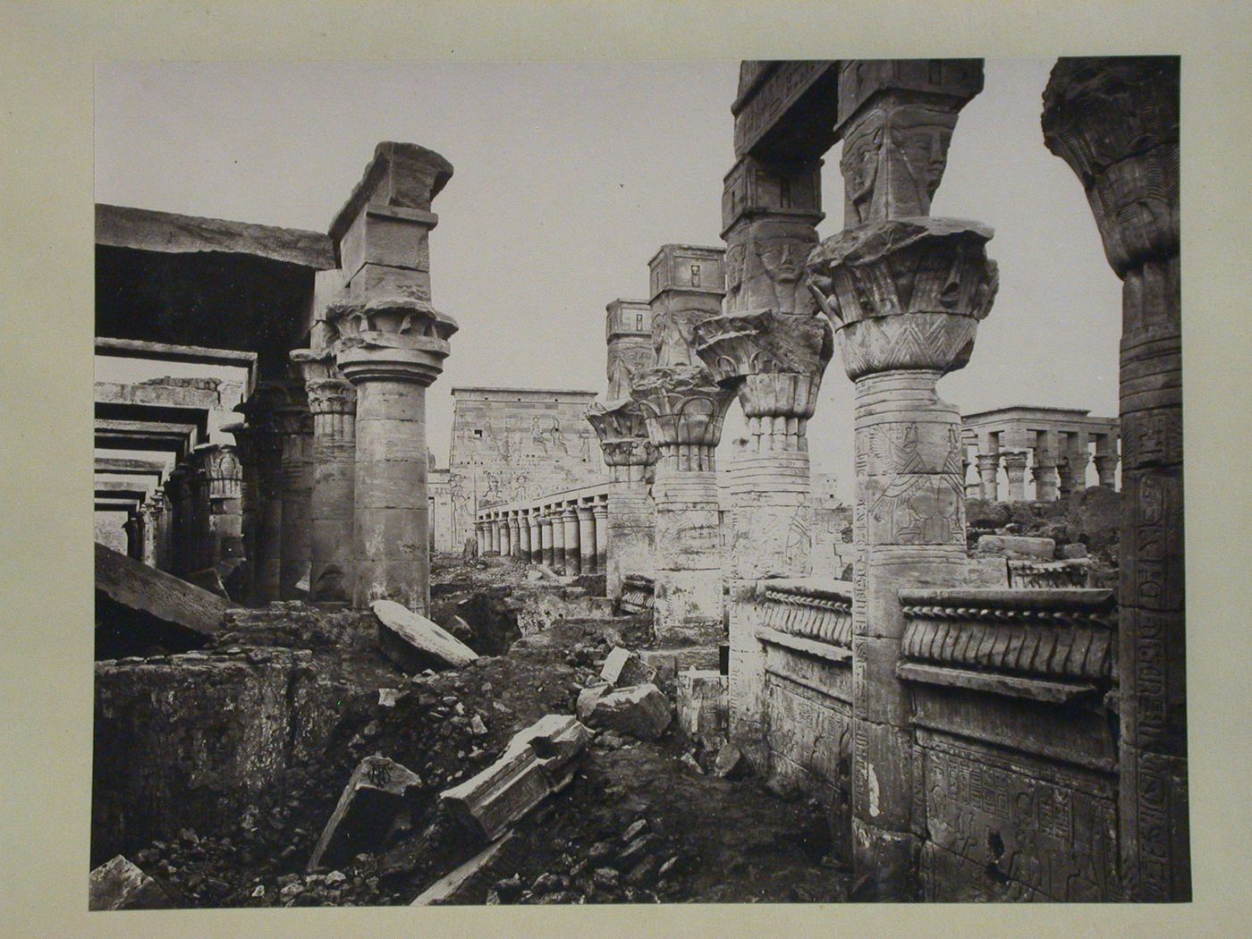 View of interior of western colonnade of Outer court, looking towards First Pylon of the Temple of Isis, Philae, Egypt