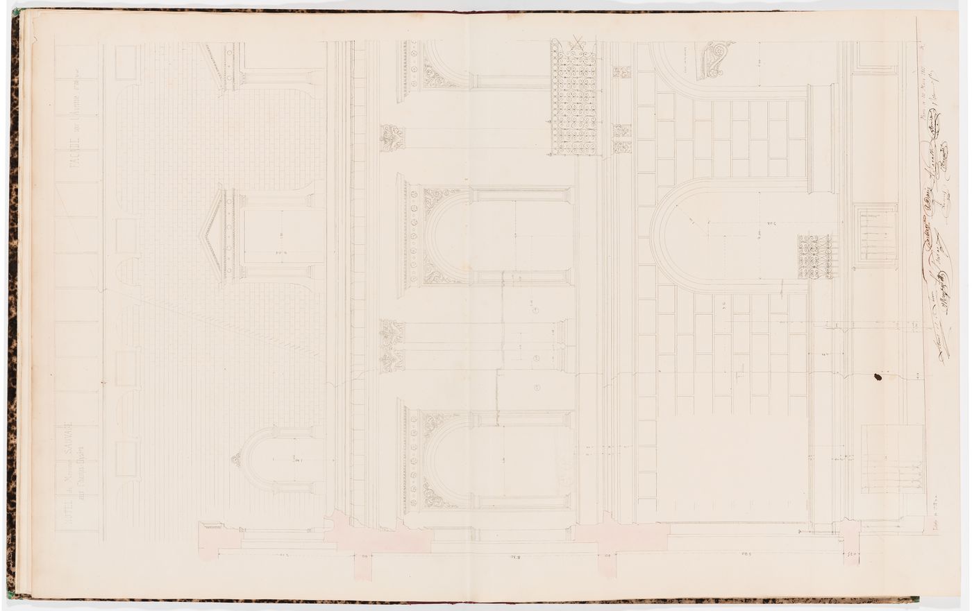 Half side elevation for the "pavillon nord", avenue des Champs-Élysées, including a wall section and a detail of a console, Hôtel Sauvage, Paris