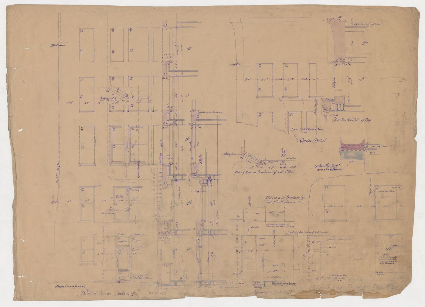 Monadnock Building, Chicago: Partial elevations and sections with sectional and plan details for the façades and bay windows