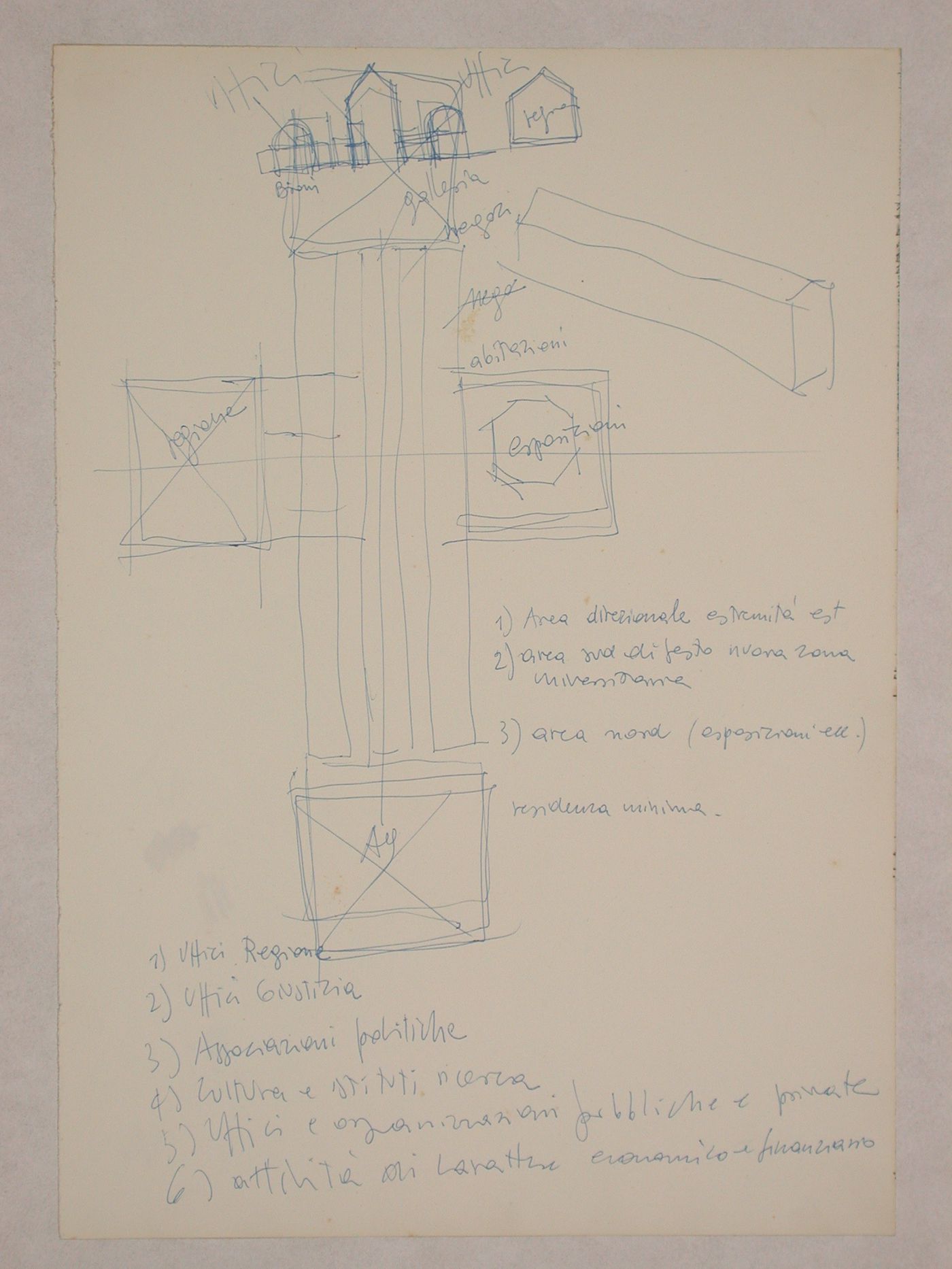 Sketch plan, sketch axonometric, and sketch elevation for Centro Direzionale, Florence