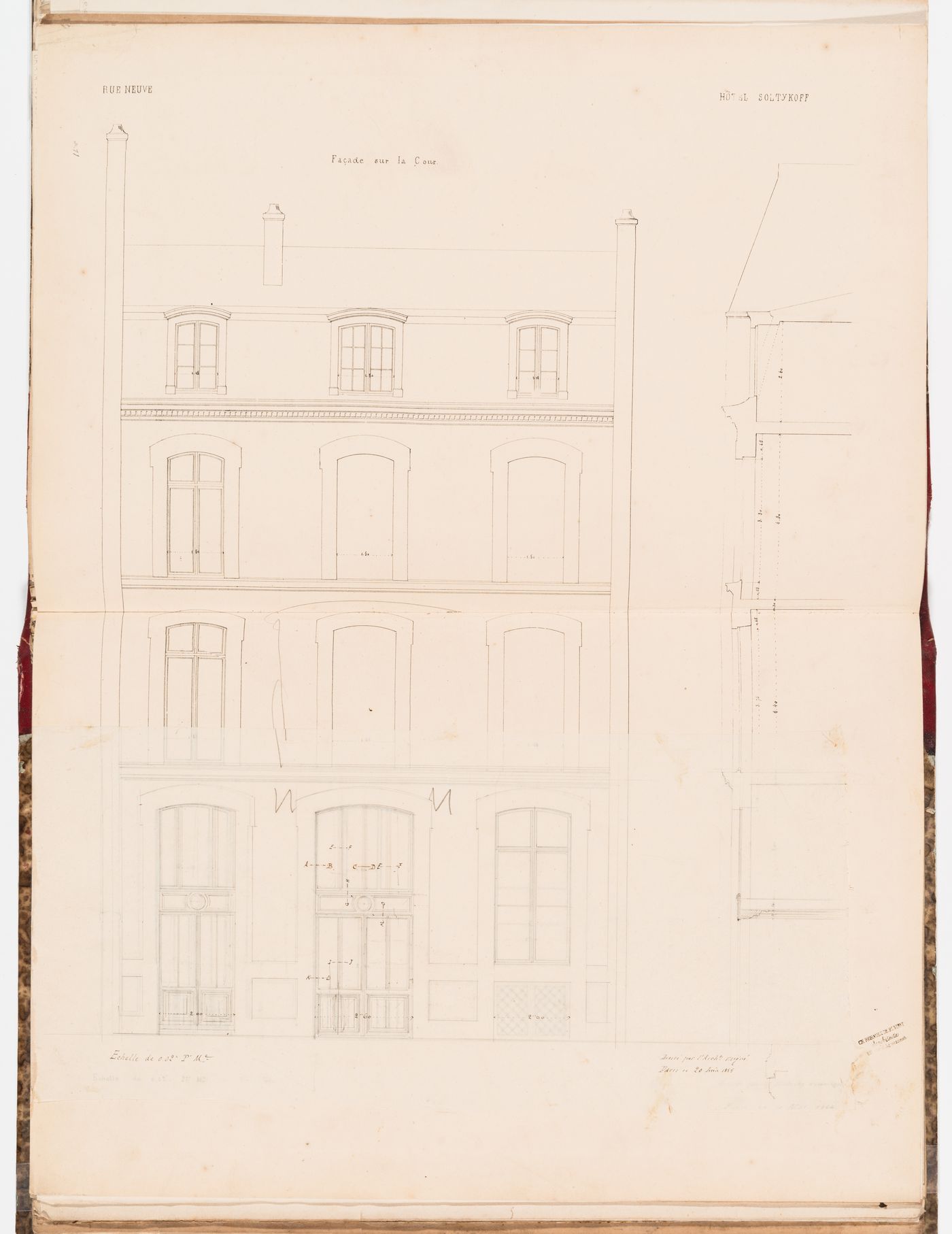Elevation and wall section for the courtyard façade, Hôtel Soltykoff