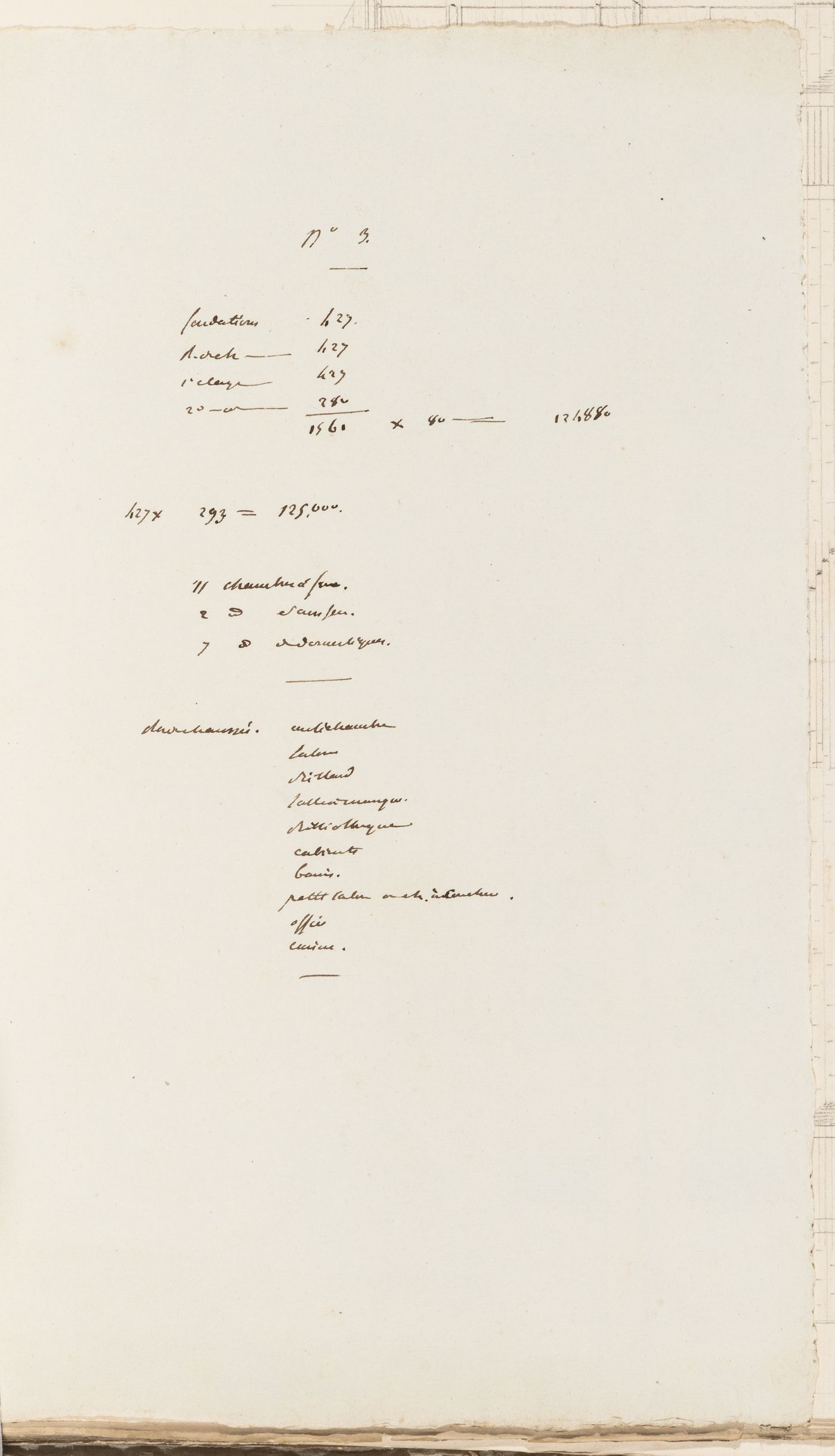 Project no. 3 for a country house for comte Treilhard: Notes and calculations