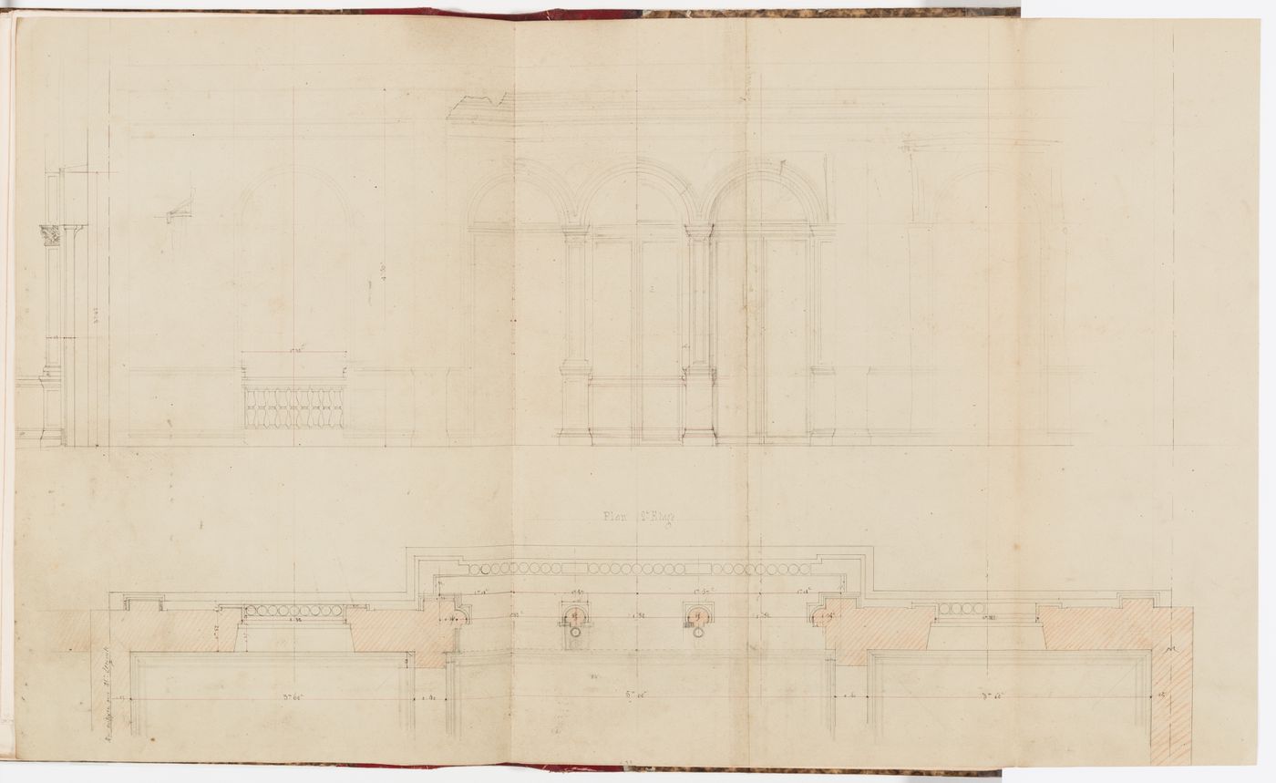 Partial interior elevation and plan for the second floor, Hôtel Soltykoff