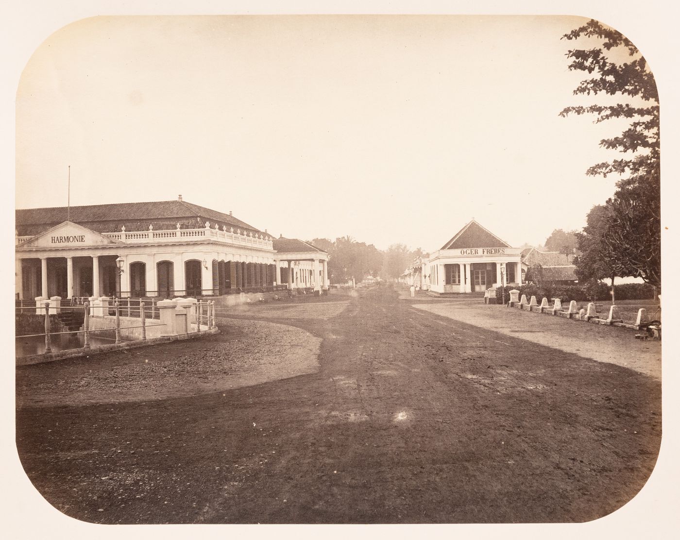 View of the Harmonie Society, the premises of Oger Freres (both now demolished) and the southern end of Molenvliet West street, Batavia (now Jakarta), Dutch East Indies (now Indonesia)