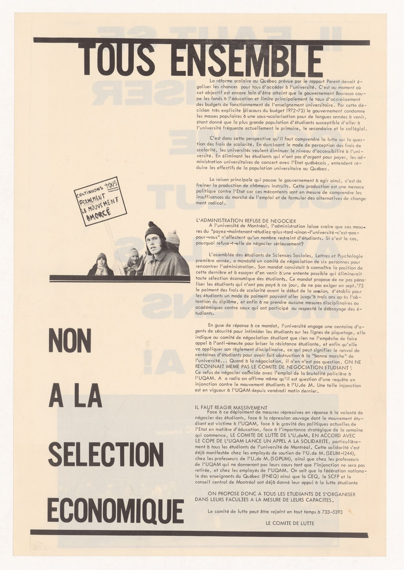 Poster "Tous ensemble: Non à la sélection économique" from Le comité de lutte de l'Université de Montréal