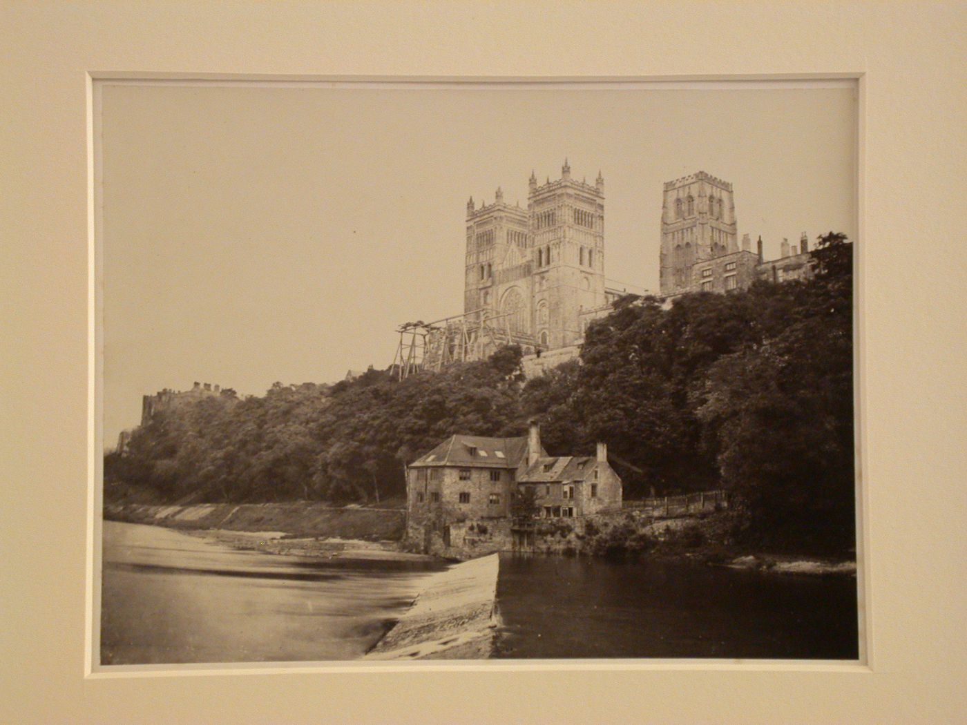 View of Durham Cathedral, with scaffolding from river, Durham, England