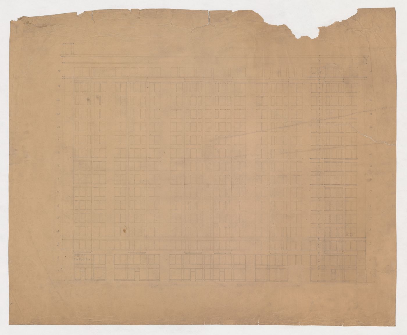 Monadnock Building, Chicago: Side elevation for the sixteen-storey steel frame project