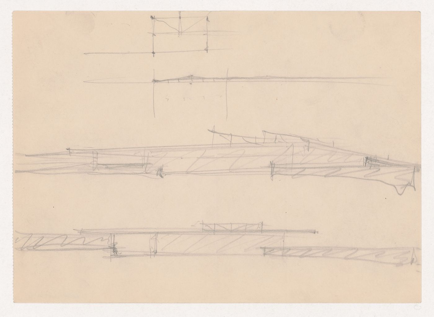 Sketch elevation, perspective sketch for the principal elevation, and details for a roof truss for Museum for a Small City