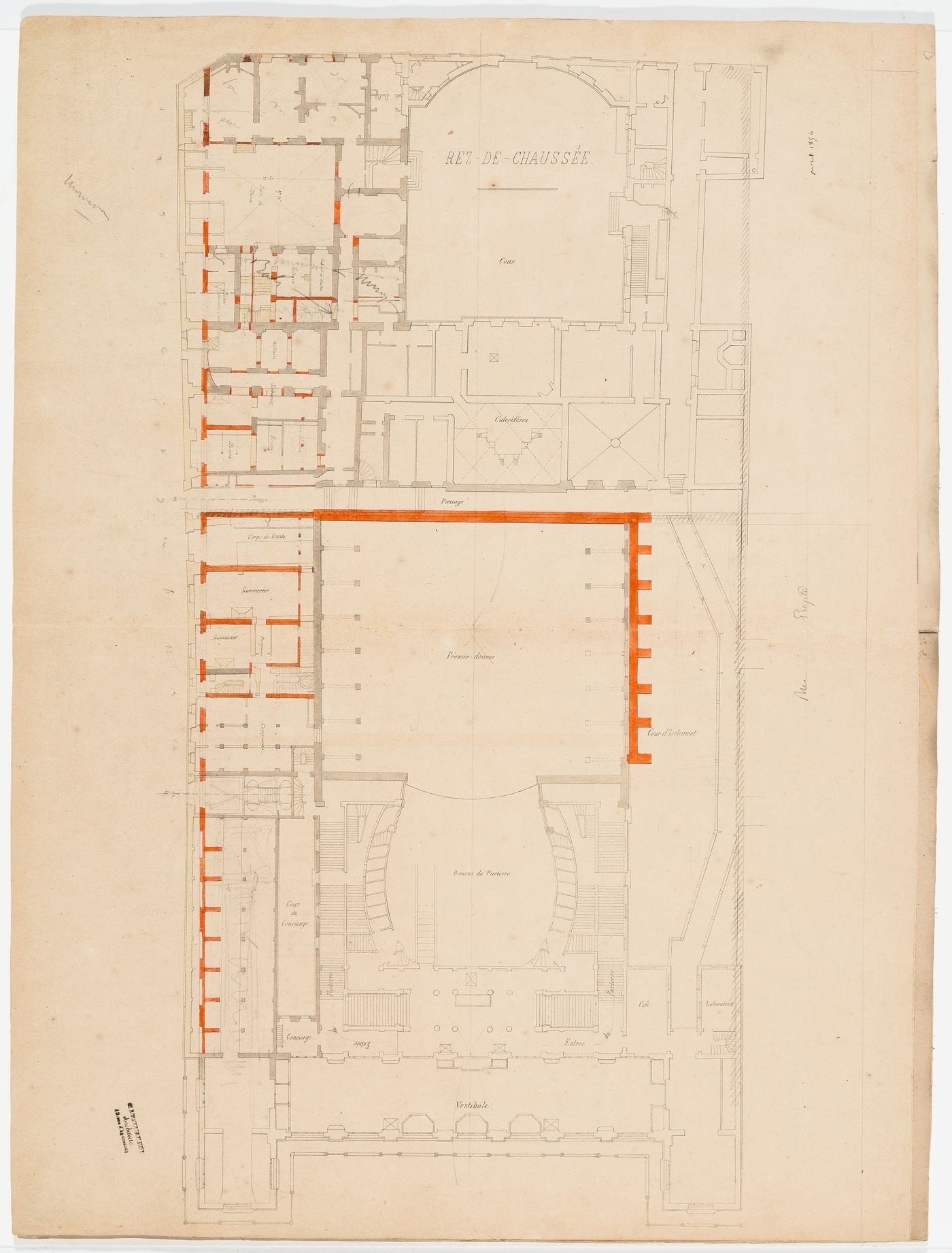 Ground floor plan of Salle Le Peletier with additions for alterations