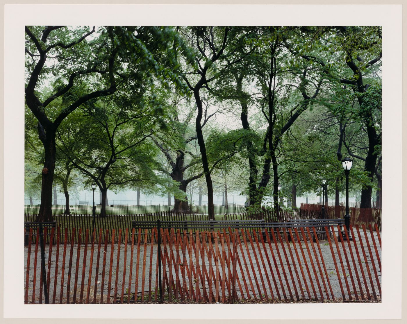 Viewing Olmsted: View of fence with trees in background, The Mall, Central Park, New York City, New York