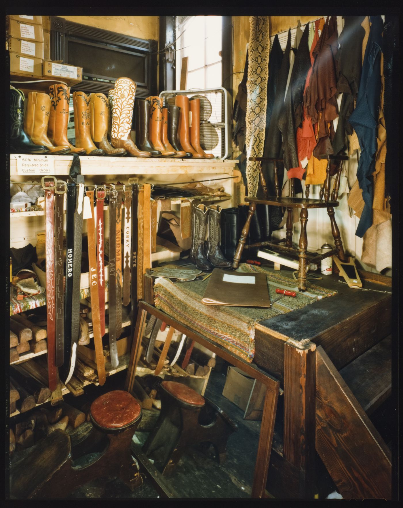 Fitting room at Capitol Saddlery, Austin, Texas. 1979.