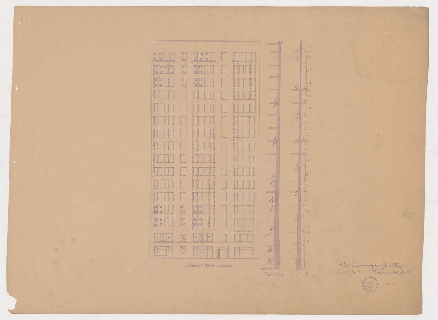 Kearsarge Building, Chicago: Dearborn Street elevation, and sections through the exterior and division walls