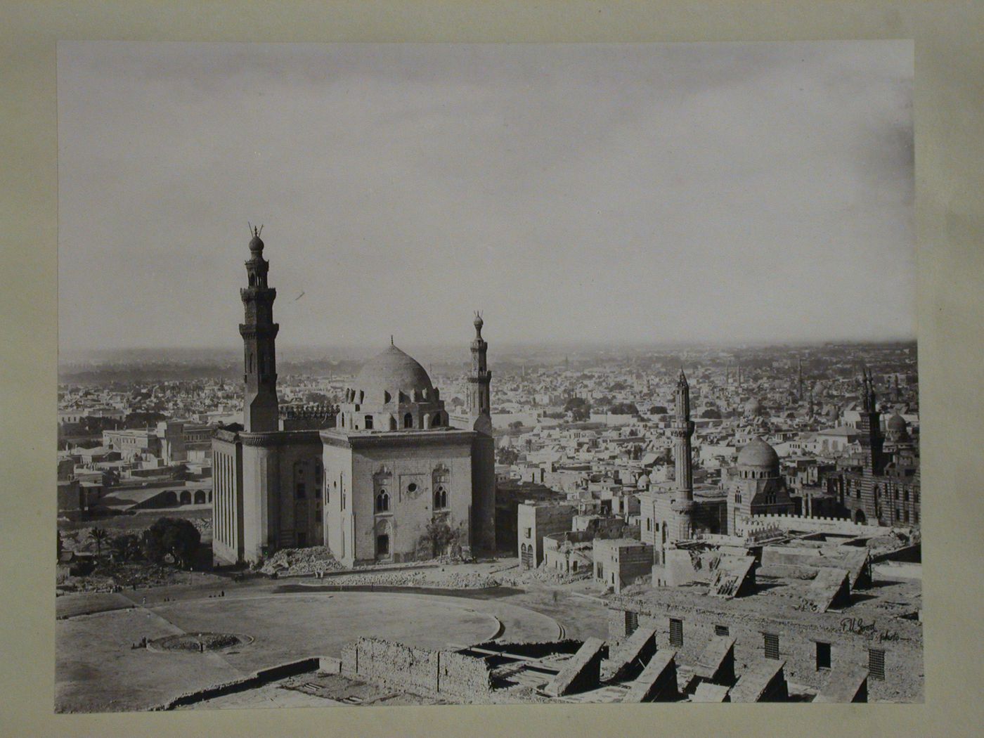 View from Citadel showing Rumaylah Square in foreground, and Mosque of Sultan Hasan on left, Mosque of al-Muhmudiyah, and Mosque of Qan-bay al-Sayfi Amir Akhur, on extreme right, Cairo, Egypt