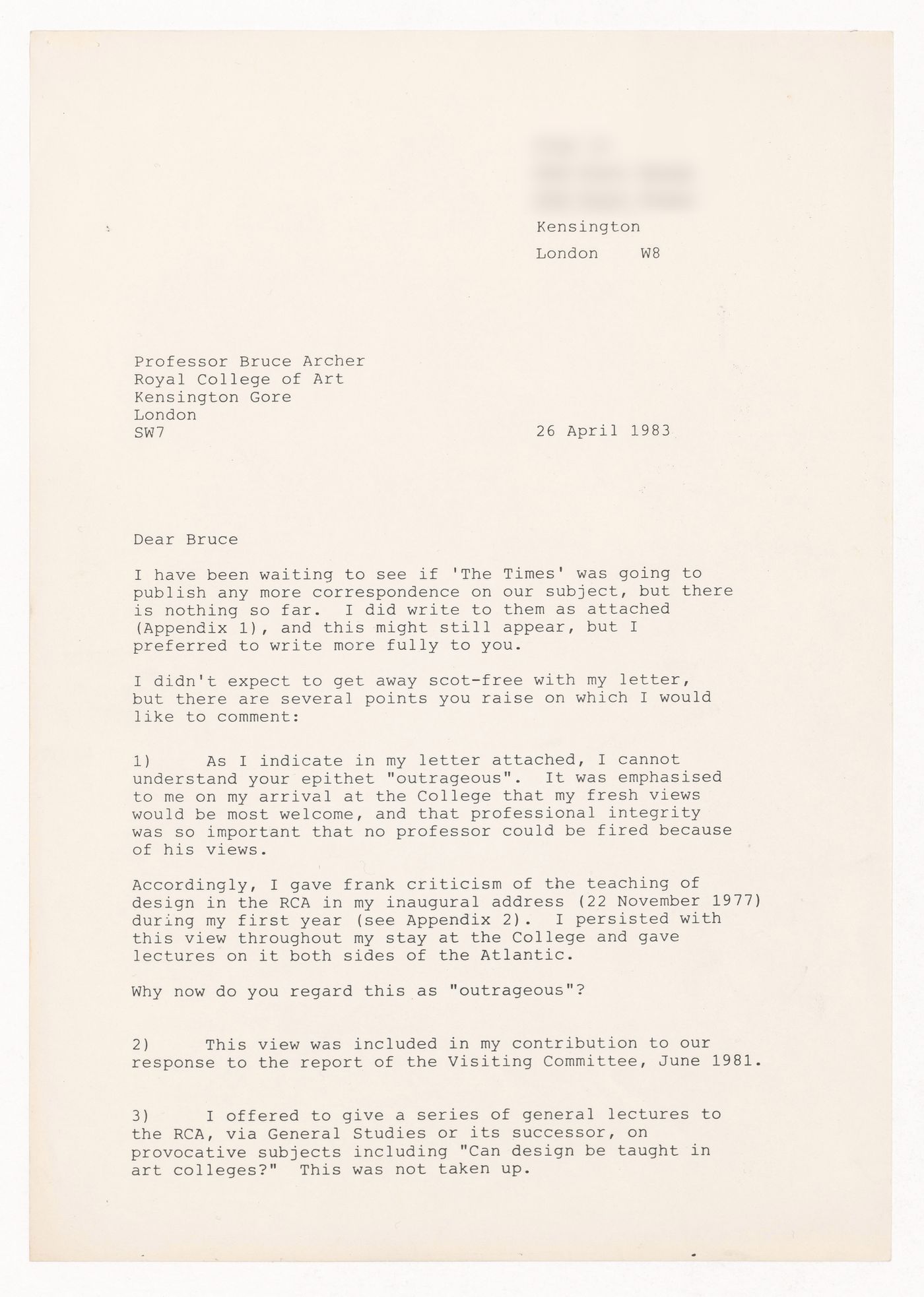 Letter to Bruce Archer from Brian P. Smith about letters published in "The Times" about the Royal College of Art in London