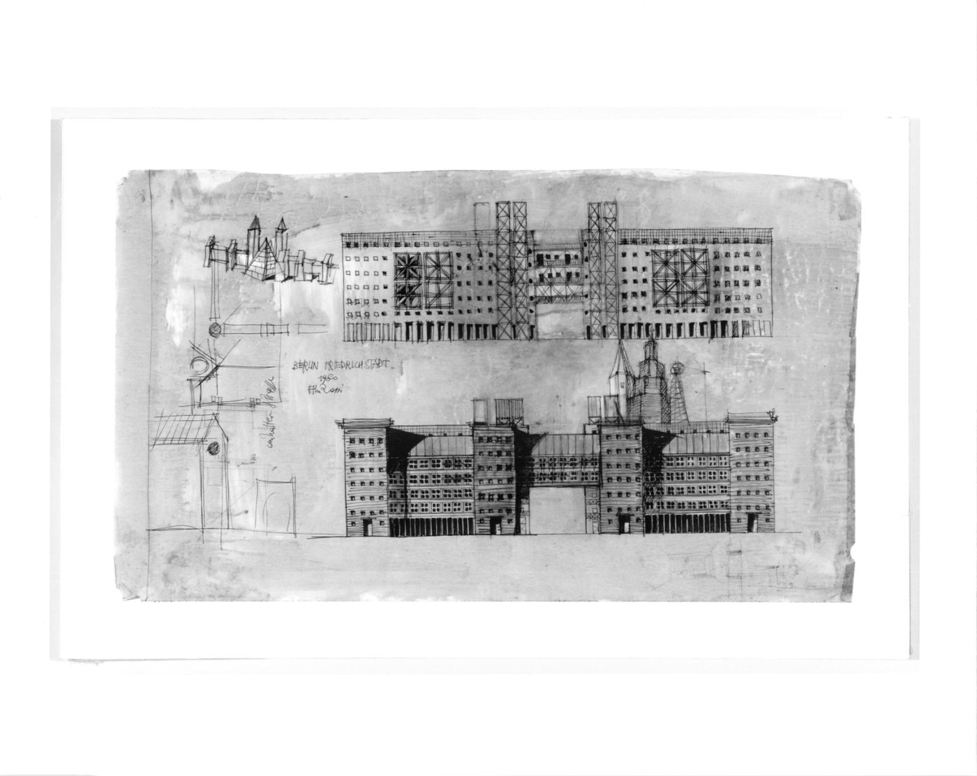 Elevations, perspectives and plans for a housing complex, Südliche Friedrichstadt Competition, Berlin