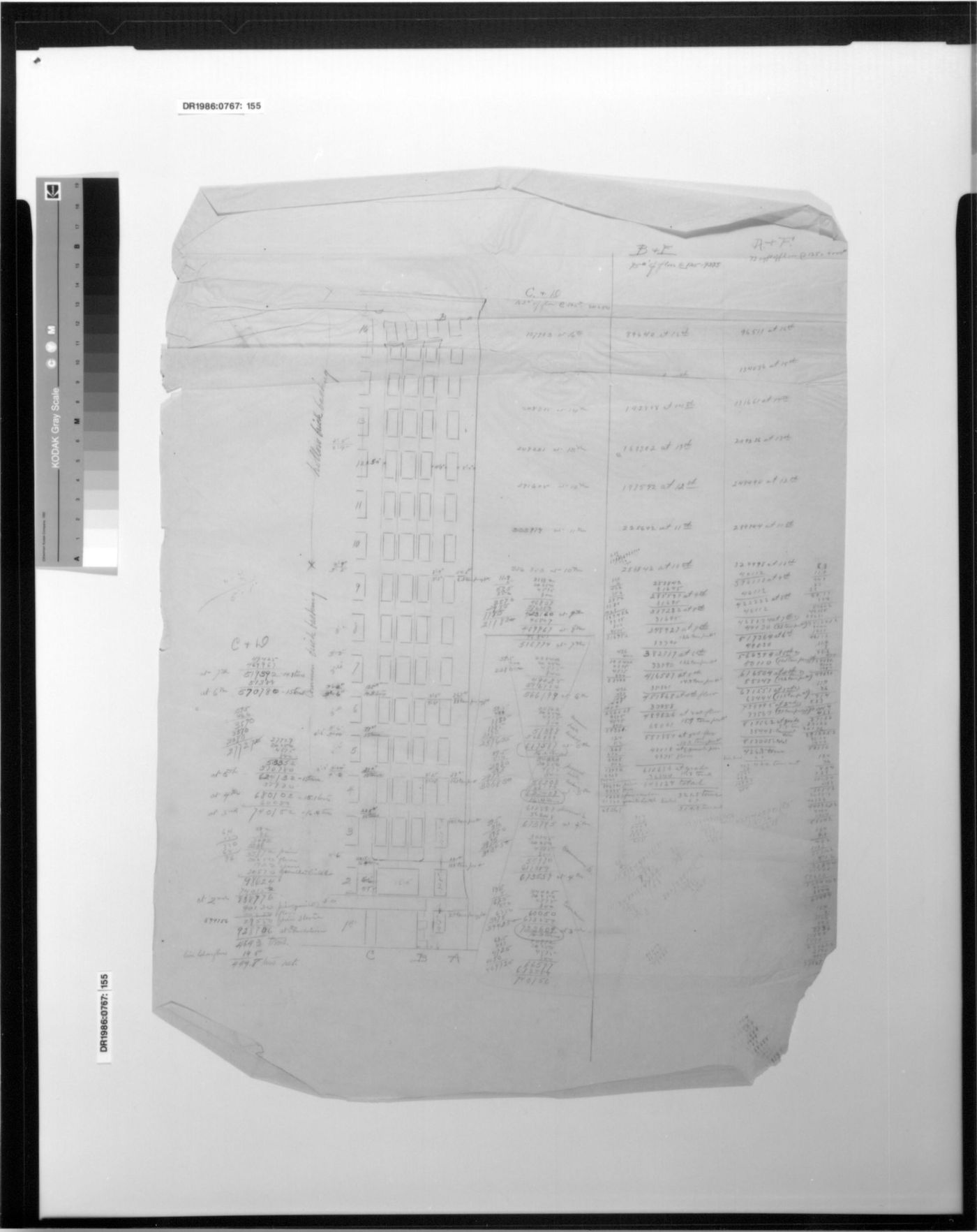 Monadnock Building, Chicago: Partial elevation with load calculations for piers C, D, B, E, A and F