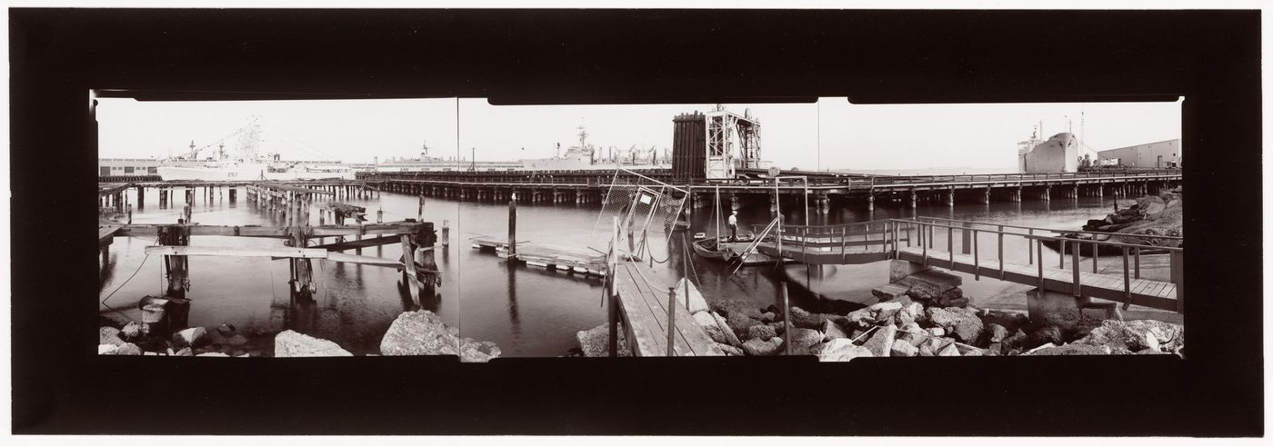 Panoramic composite photograph of China Basin harbour showing piers, docks and ships, with Mission Rock Terminal (also known as Pier 50) in the background, San Francisco, United States