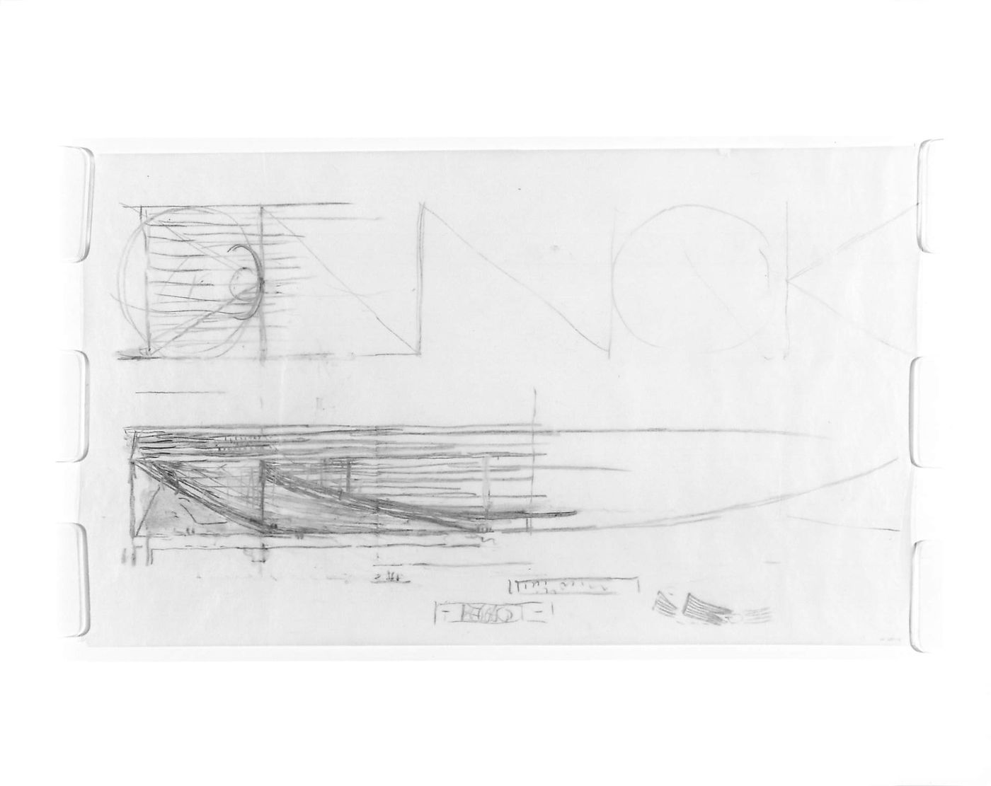 Plan, partial section, and thumbnail sketches for the Palazzo dei Congressi, Venice, Italy