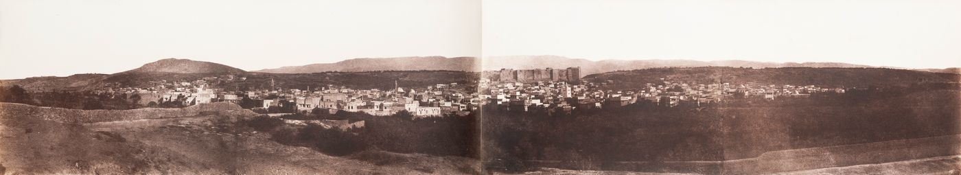 Panorama of Tripoli showing the Citadel (Crusader Castle of Saint Gilles) with Mount Pergirnus in the background, Ottoman Empire (now in Lebanon)