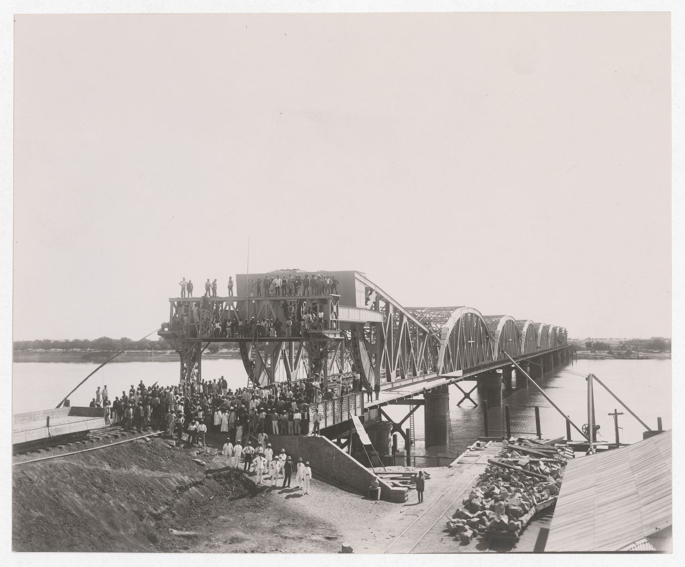 View of a group of people on the Blue Nile Road and Railway Bridge, Khartoum, Sudan