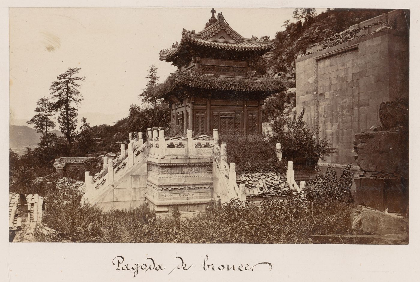 View of the ruins of the Pavilion of Precious Clouds [Baoyun Ge] (also known as the Bronze Pavilion),Garden of the Clear Ripples [Qing Yi Yuan] (now known as the Summer Palace or Yihe Yuan), Peking (now Beijing), China