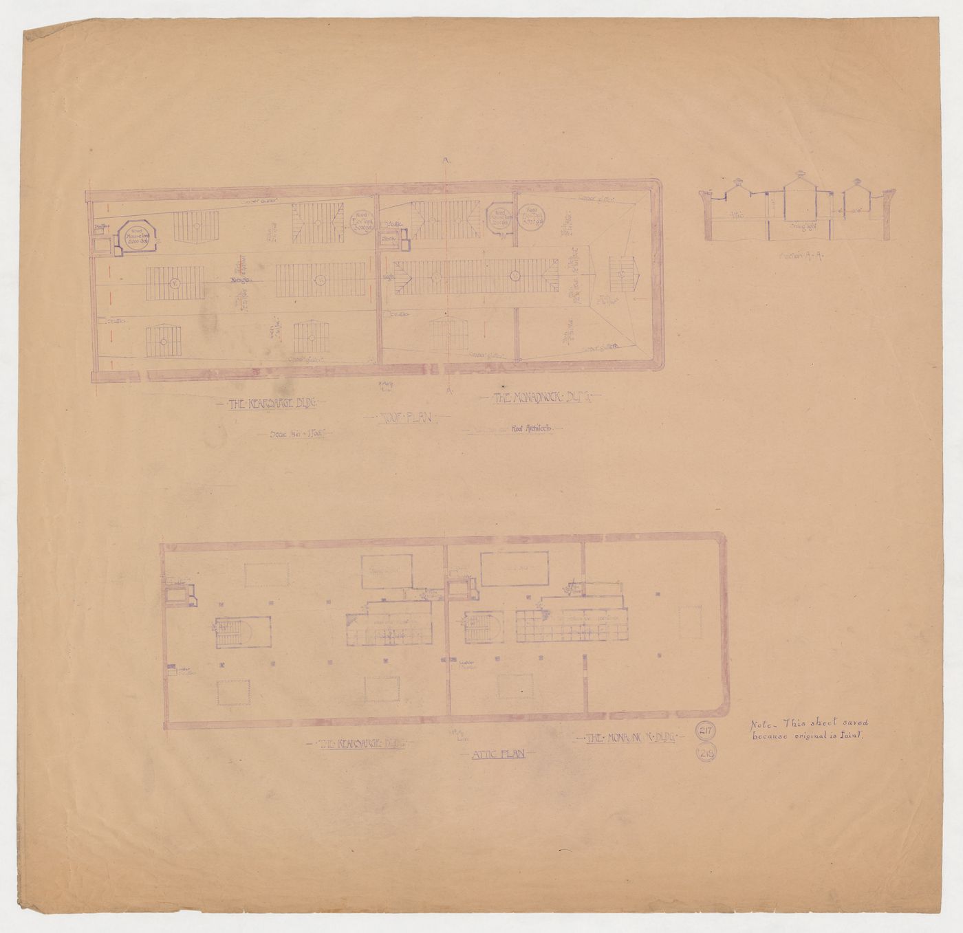 Monadnock and Kearsarge Buildings, Chicago: Attic and roof plans with section through skylights