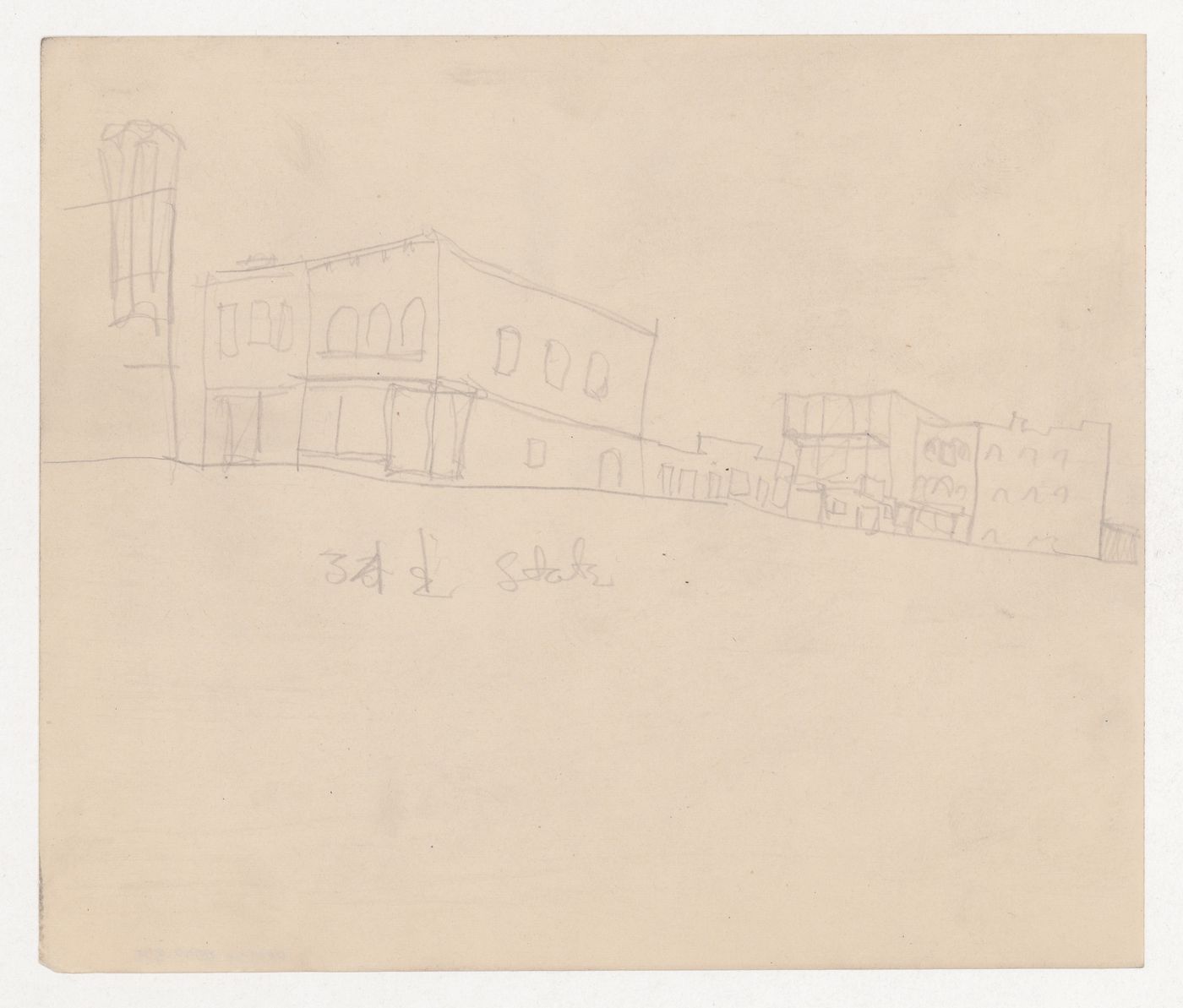 Perspective sketch of buildings along 34th and State Streets, Chicago