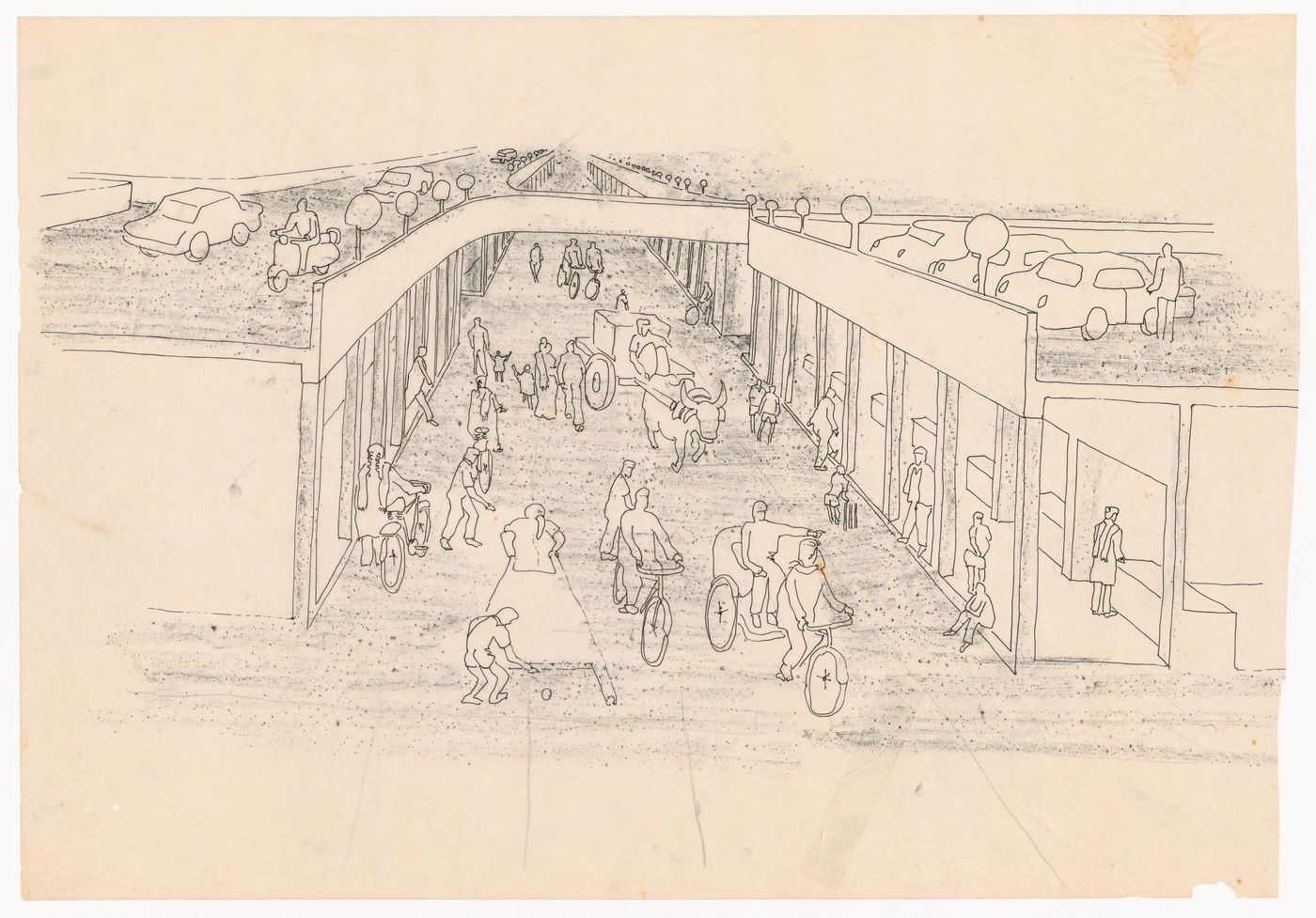 Perspective sketch of shop level for Linear city, Chandigarh, India