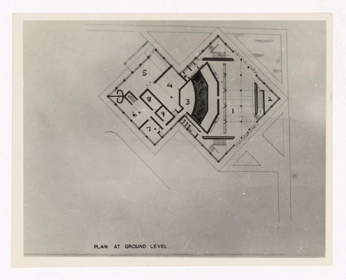 Photographic reproduction of ground level plan for Tagore Theatre, Chandigarh, India