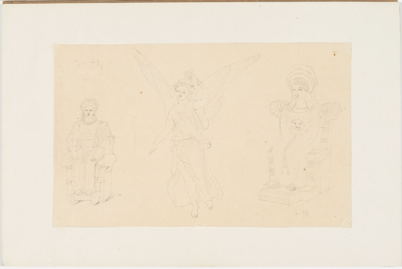 Two drawings of classical female statues seated on thrones, and one winged figure, possibly a Nike or messenger