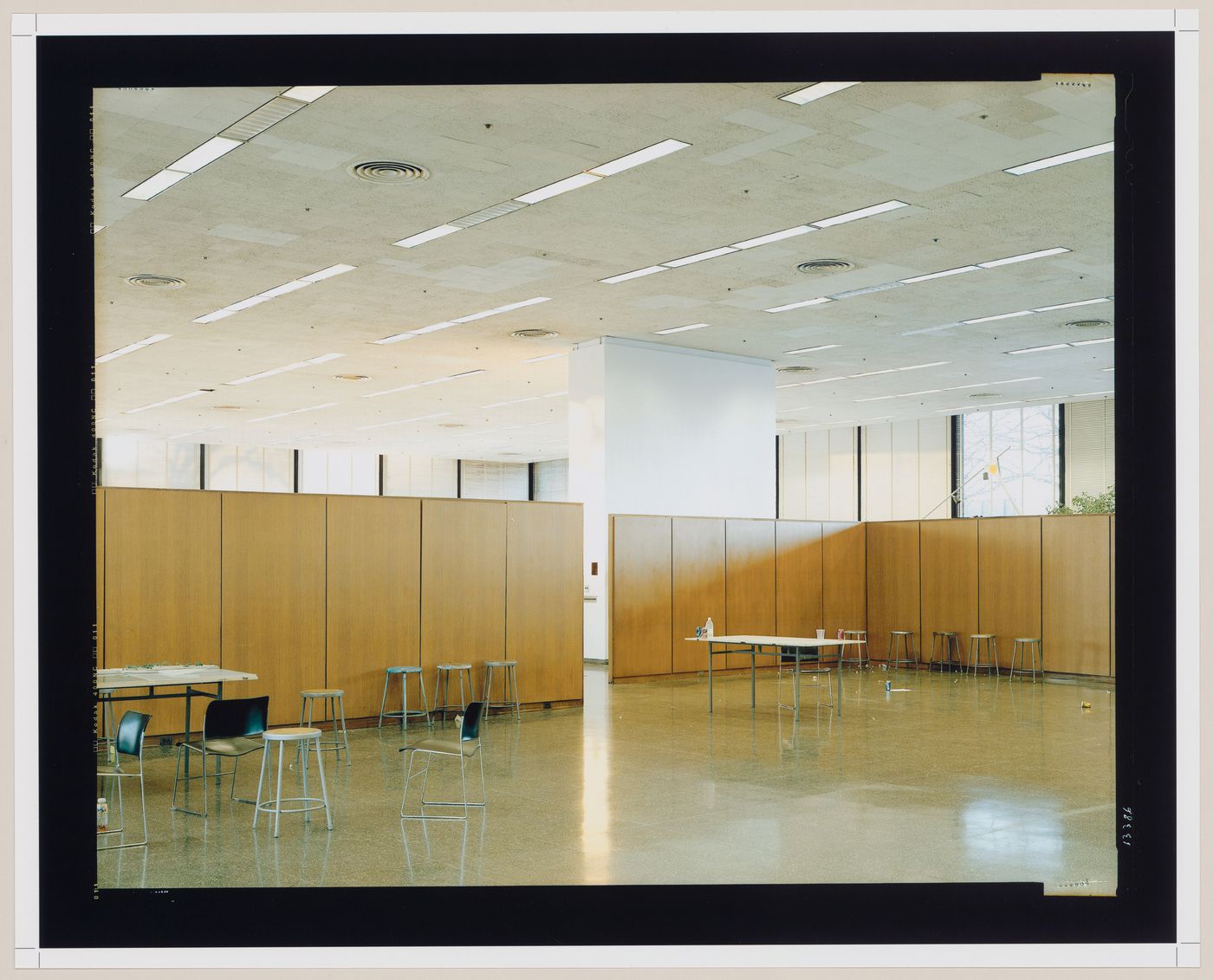 Interior view of Crown Hall showing furniture and wooden walls, Illinois Institute of Technology, Chicago, Illinois