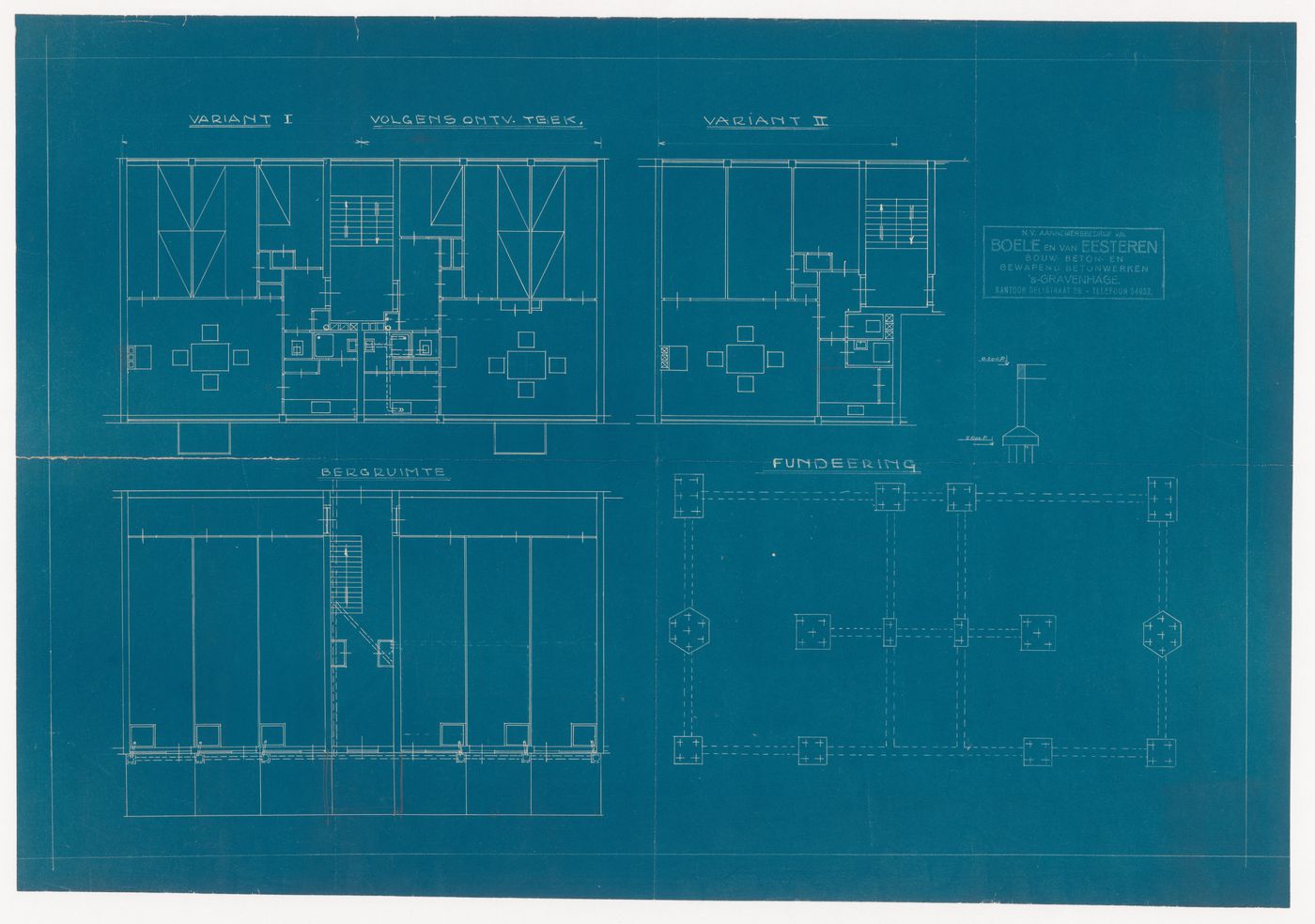 Foundation plan, plans and partial section for two types of housing units for Blijdorp Workers' Housing Quarter, Rotterdam, Netherlands