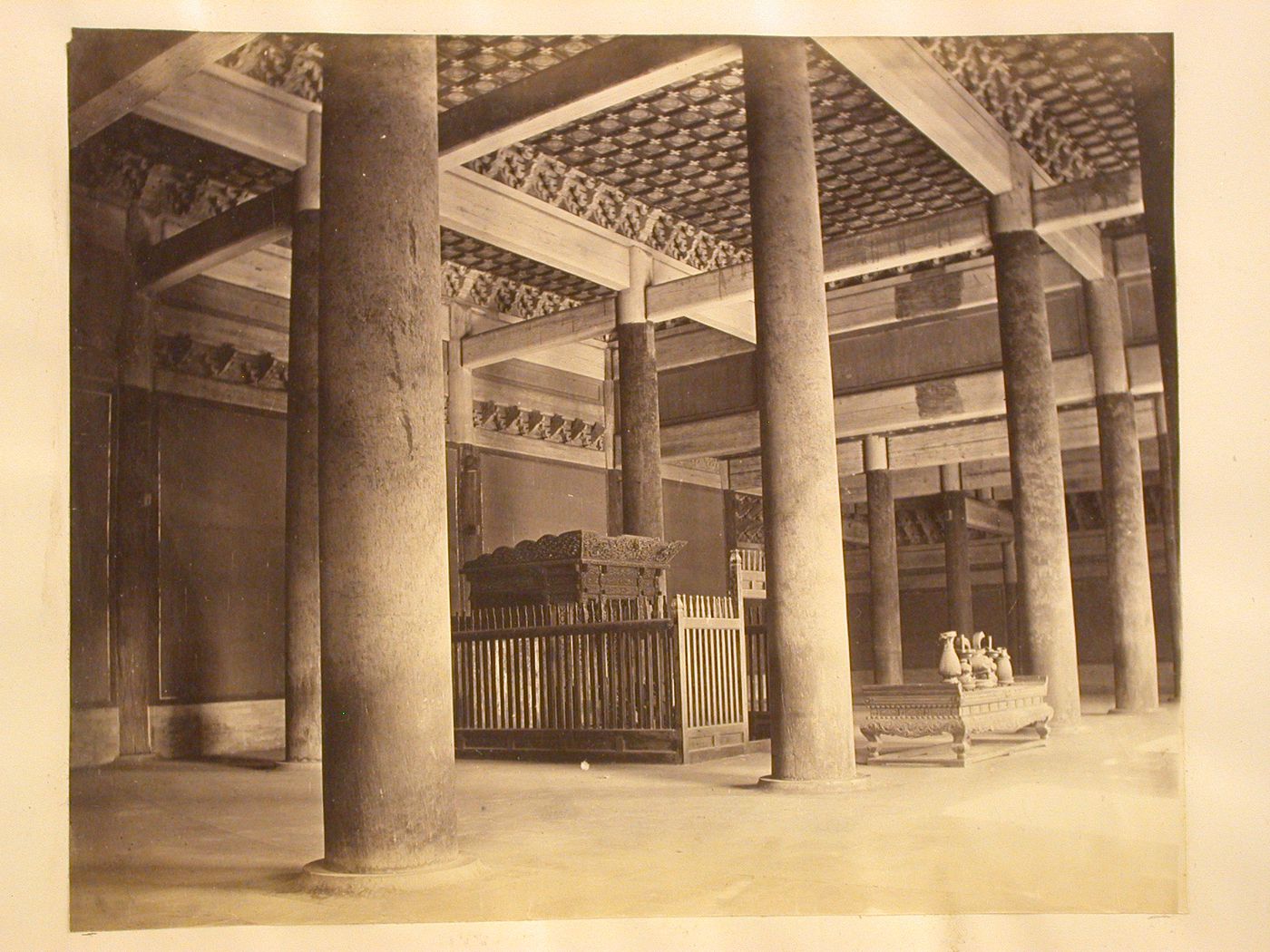 View of the interior of the Hall of Heavenly Favours, Ch'ang-ling, Ming Tombs, near Peking (now Beijing), China