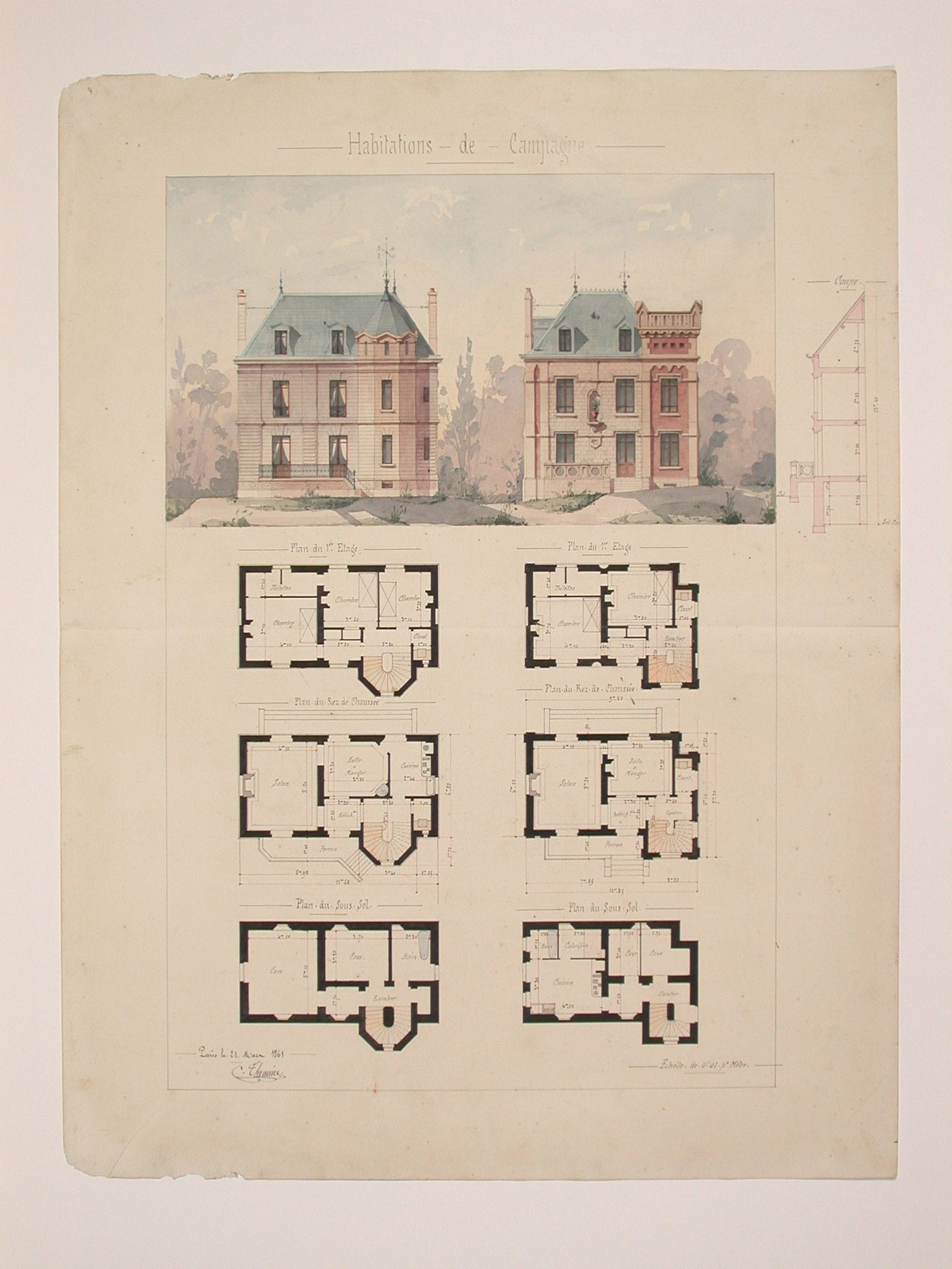 Rendered elevations and plans for a Gothic Revival country house