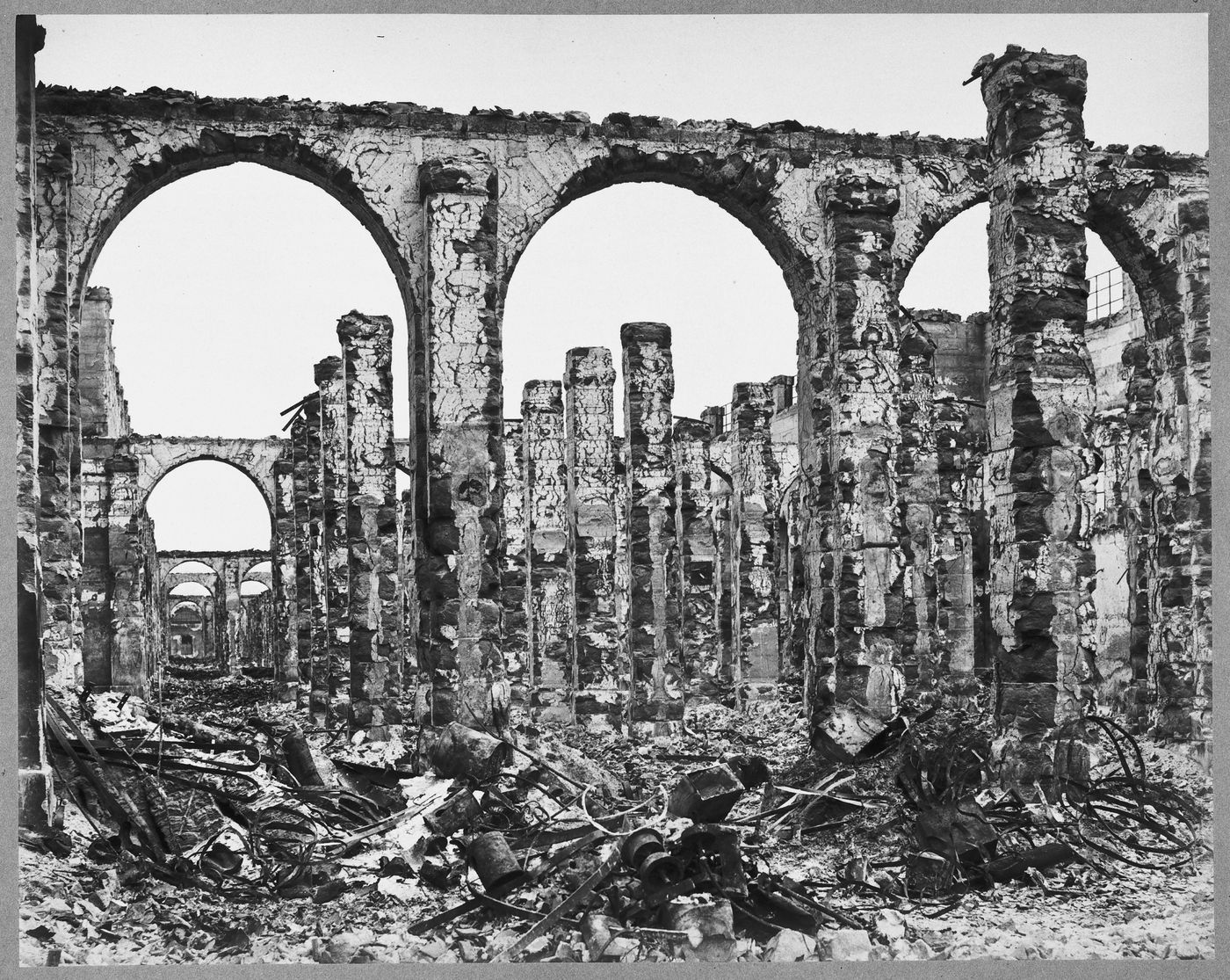 View of the ruins of the interior arsenal of Grenier d'abondance after the Paris Commune, Paris, France