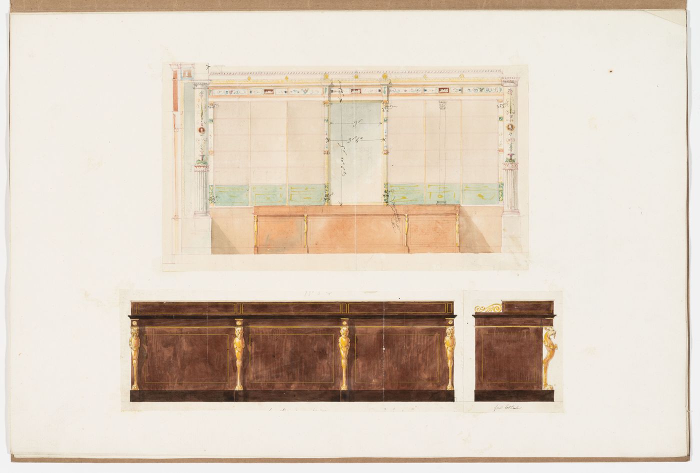 Elevation for an Empire style interior decorative scheme; Elevation for an Empire style sideboard or desk