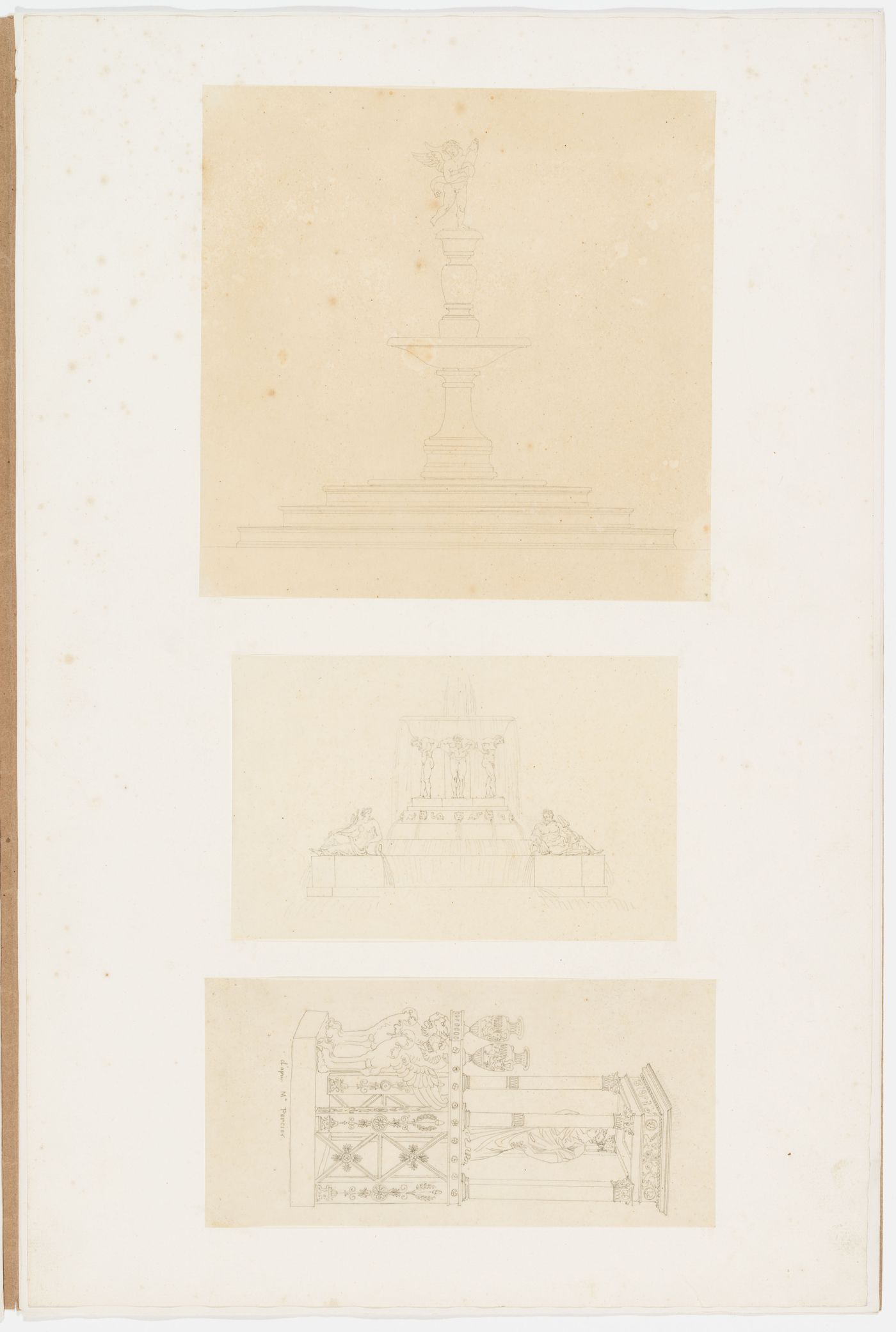 Exterior elevations of a fountain with a putto, a fountain with three male statues supporting a basin and reclining male and female statues, and a structure after Percier, showing two griffins and four decorated piers supporting a base and a female statue