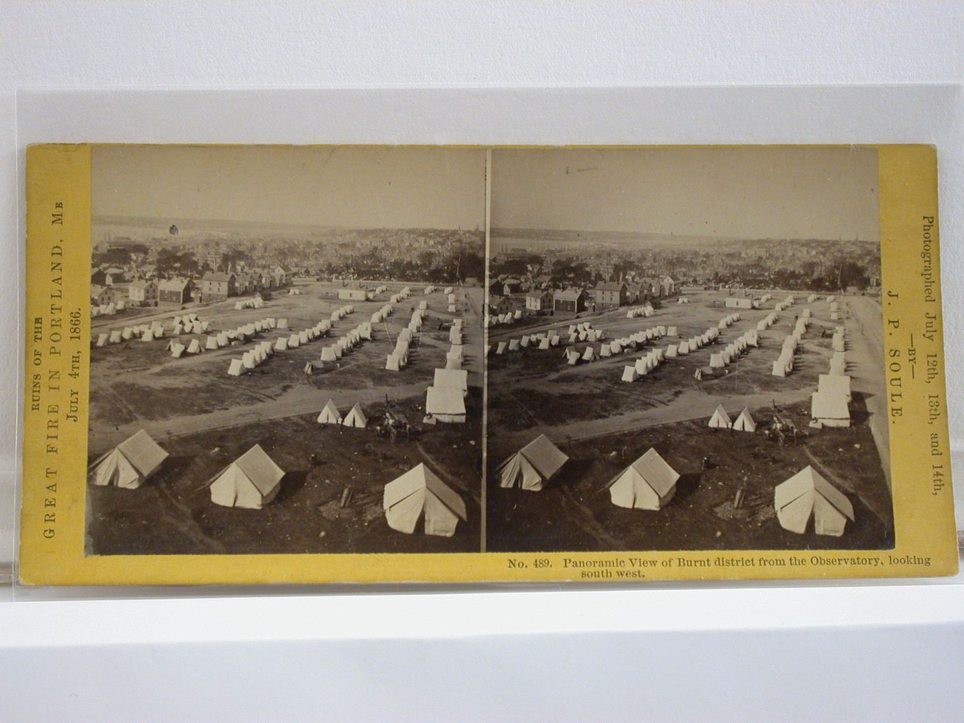 View of temporary shelters along Congress Street, as seen from the Observatory, after the Great Fire on July 4, 1866 in Portland, Maine, United States