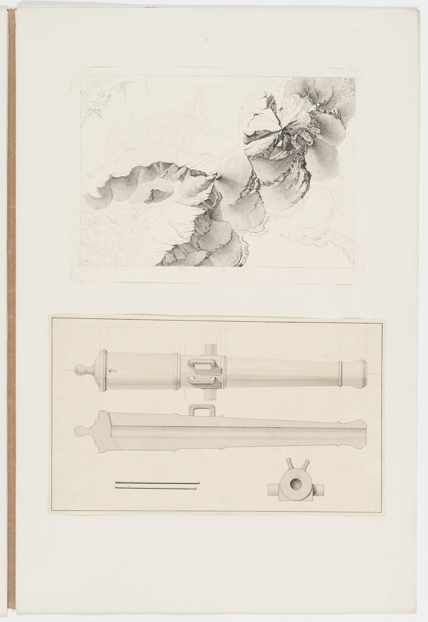 Study of a rock formation; Section and elevations of a cannon