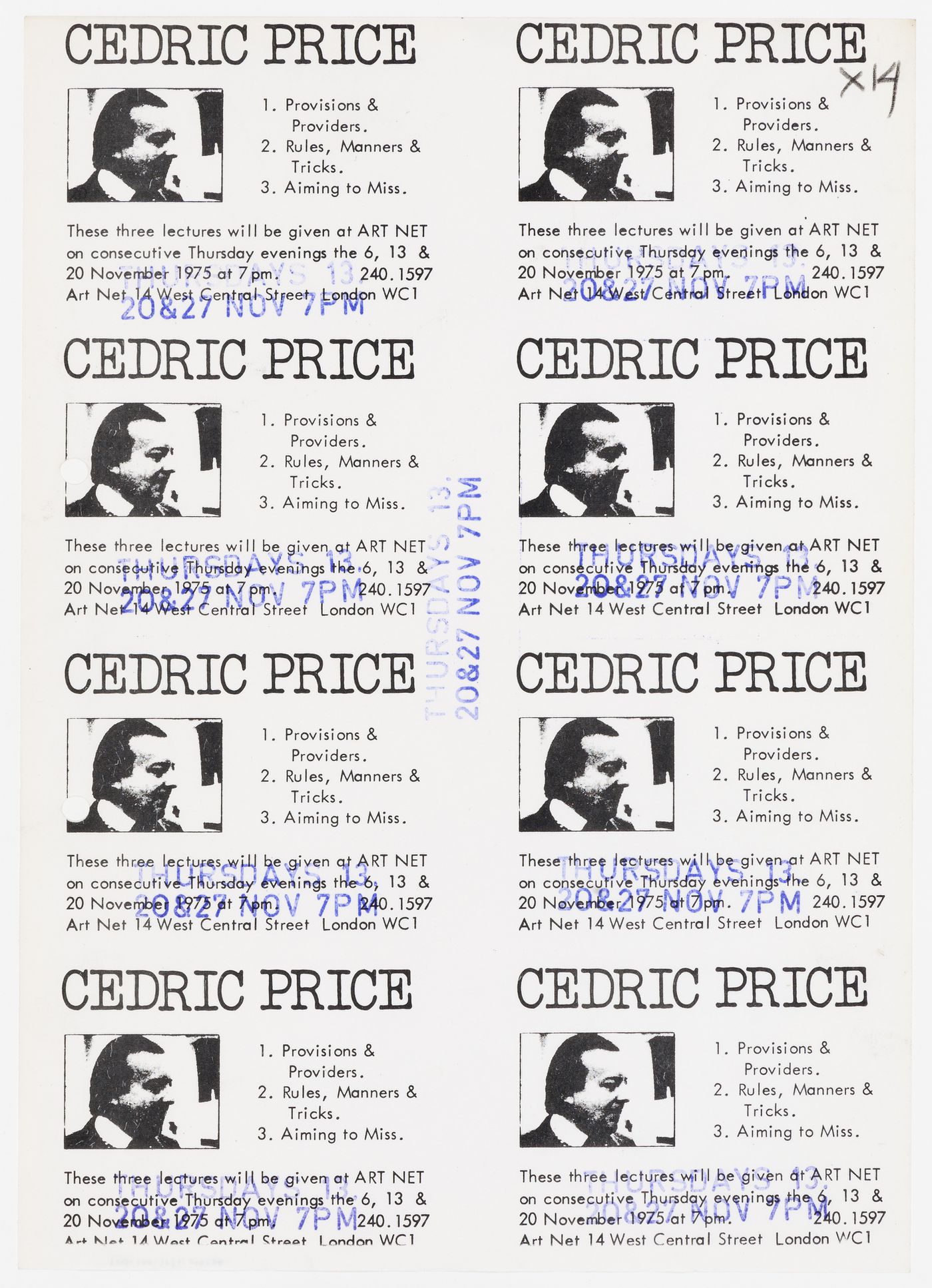 Handbill announcing three lectures by Cedric Price at Art Net on November 13, 29 and 27, 1975