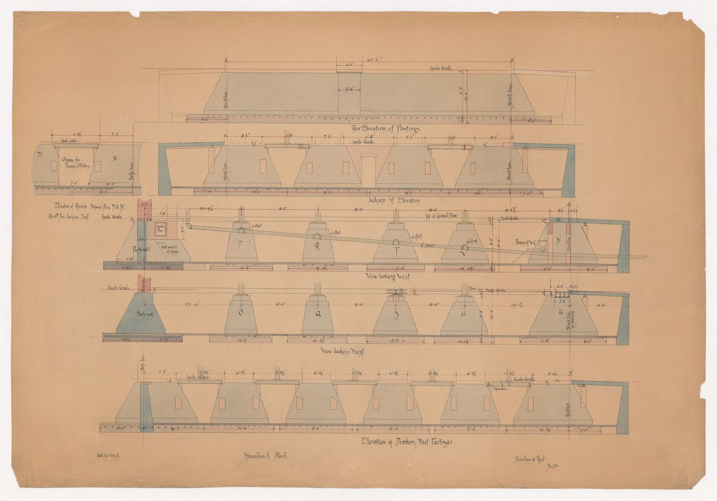 Monadnock Block, Chicago: Elevations for the footings