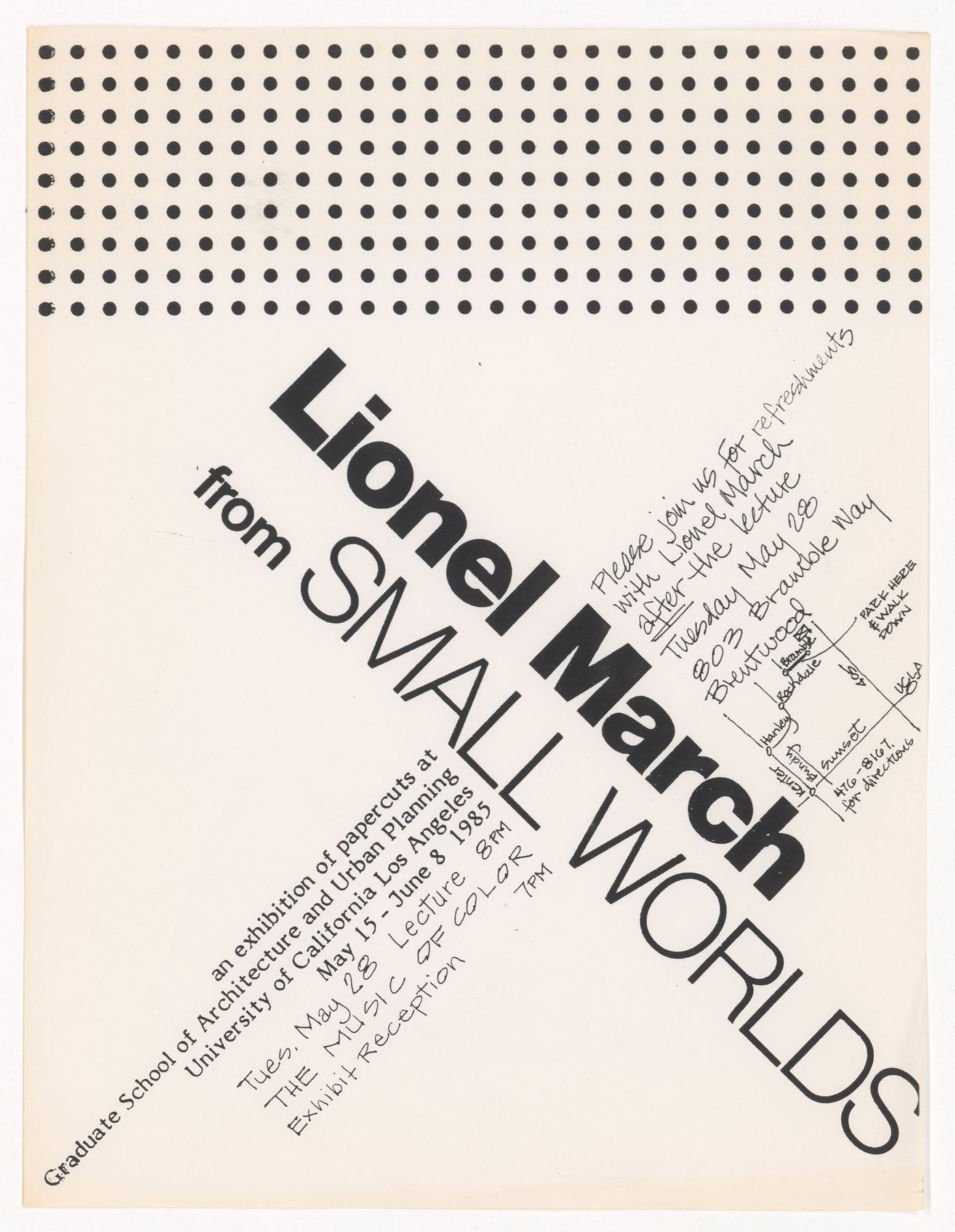 Poster for "from Small Worlds: an exhibition of papercuts at Graduate School of Architecture and Urban Planning" by Lionel March at UCLA