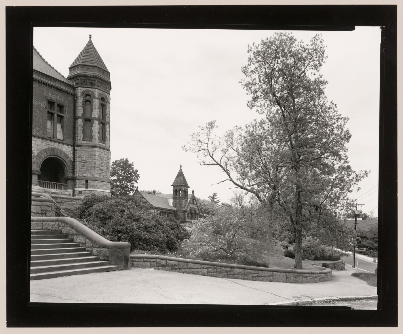 View from the steps of the Oakes Ames Memorial Hall towards the library, North Easton, Massachusetts