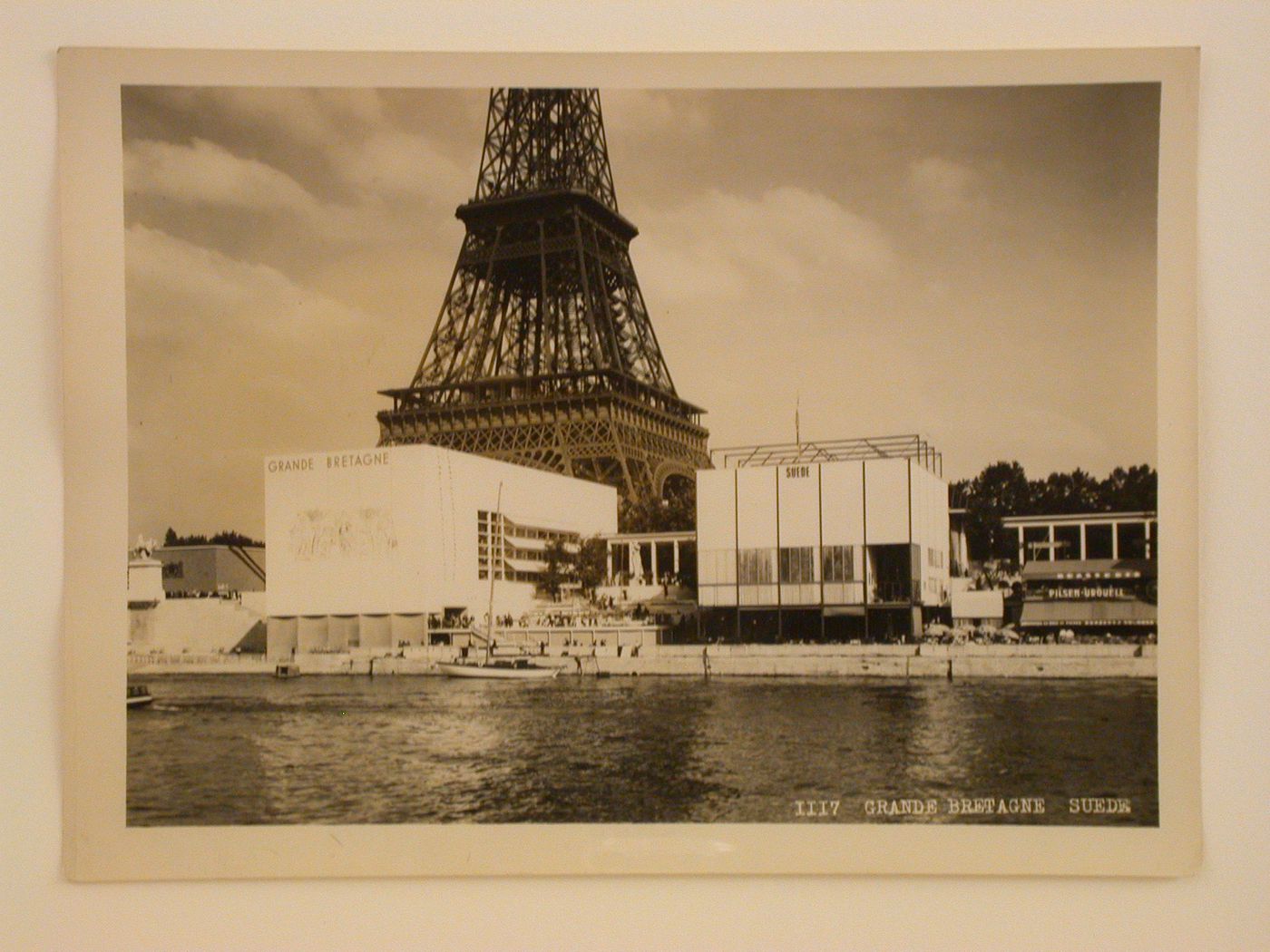 View of Great Britain's and Sweden's pavilions with the Tour Eiffel in the background and the Seine in the foreground, 1937 Exposition internationale, Paris, France