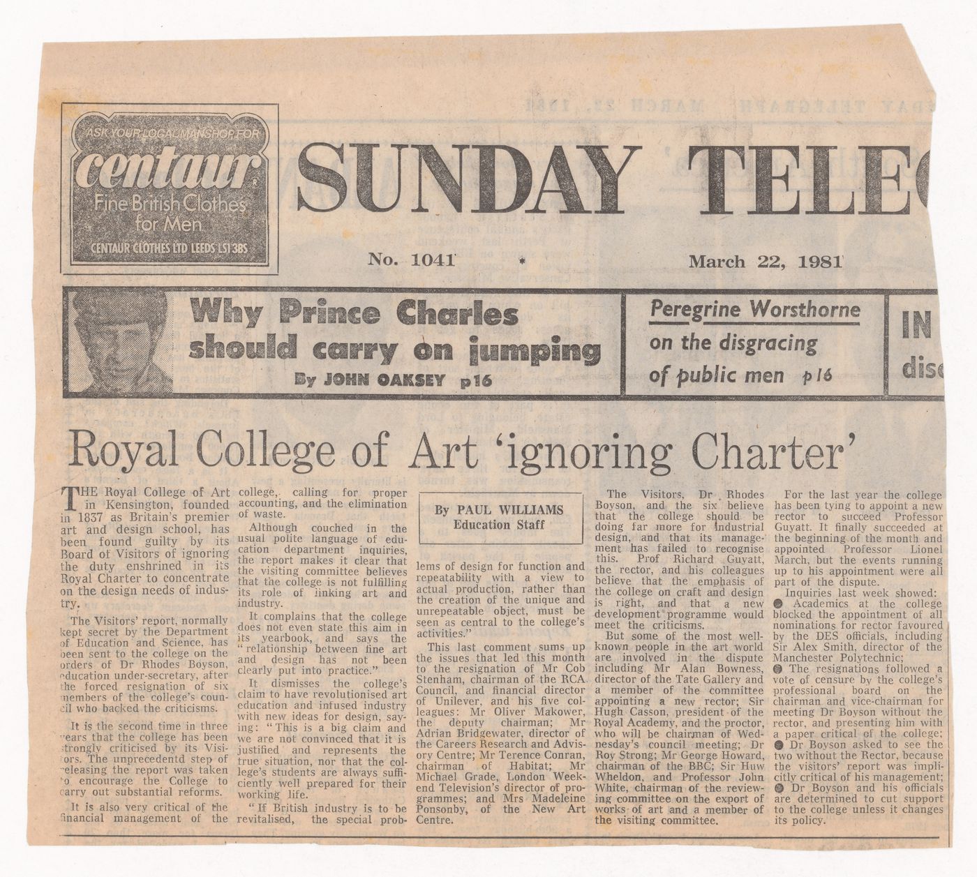 "Royal College of Art 'ignoring Charter'", article in Sunday Telegraph