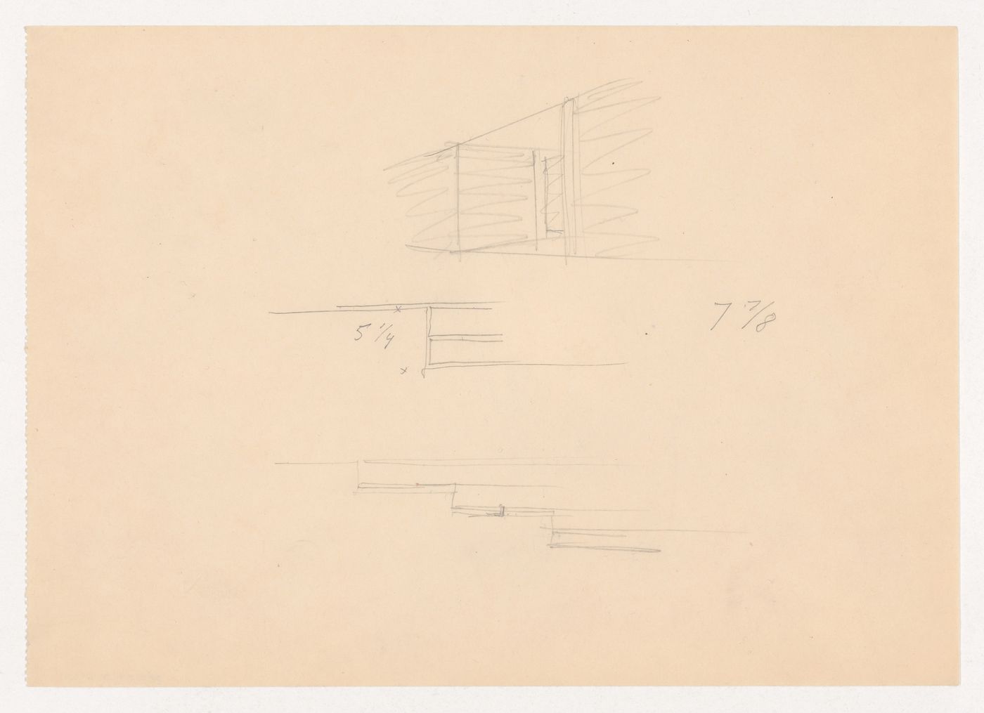 Interior perspective sketch, sketch elevation for stair risers and unidentified sketch for the Metallurgy Building,  Illinois Institute of Technology, Chicago