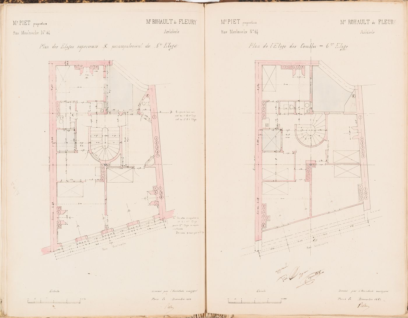 Contract drawings for an apartment house for Monsieur Piet, 64 rue Montmartre, Paris: Plan for the upper floors and plan for the "combles"